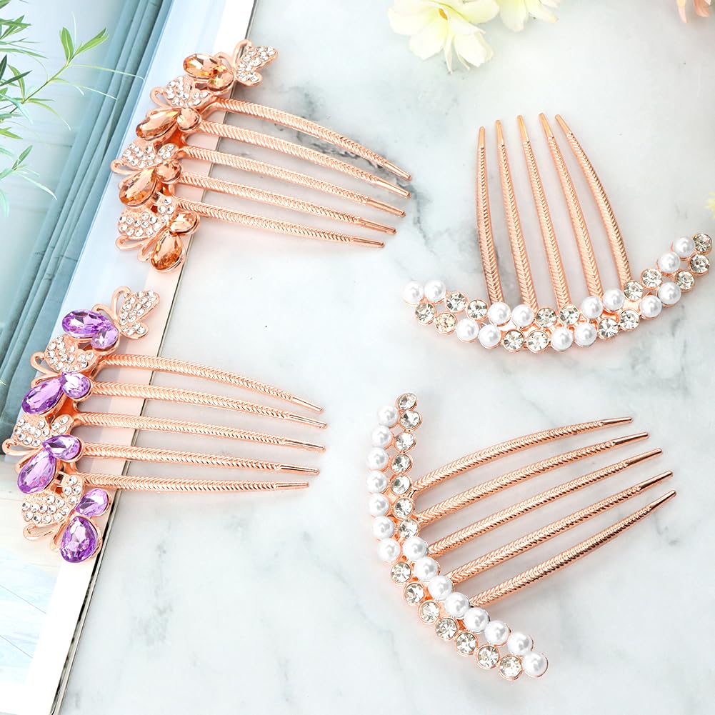 4 Pcs Pearl Rhinestone Hair Combs for Women - Rose Gold Wedding & Party Hair Accessories with Crystal Decorations - Perfect for Bridal, Prom, and Everyday Styling