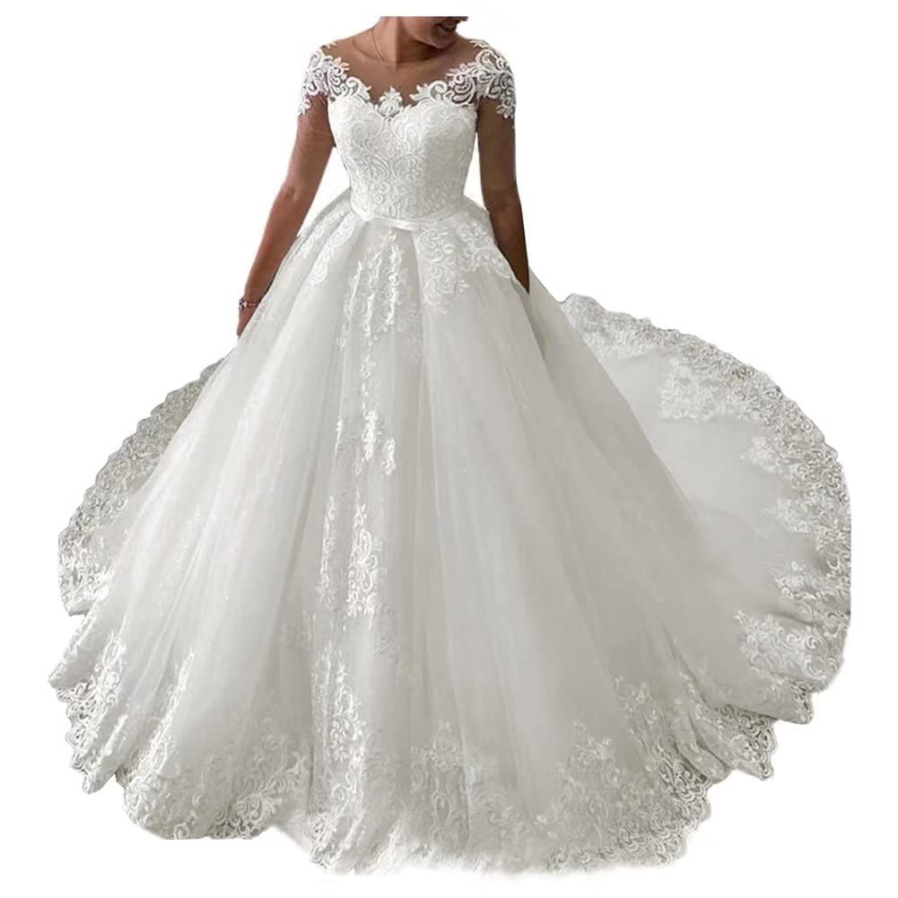 Elegant TRHTX Women's Scoop Neck Lace Wedding Dress with Train & 3/4 Sleeves - Romantic Ball Gown for Bride, Bridal Shower, Vow Renewal & Formal Occasions
