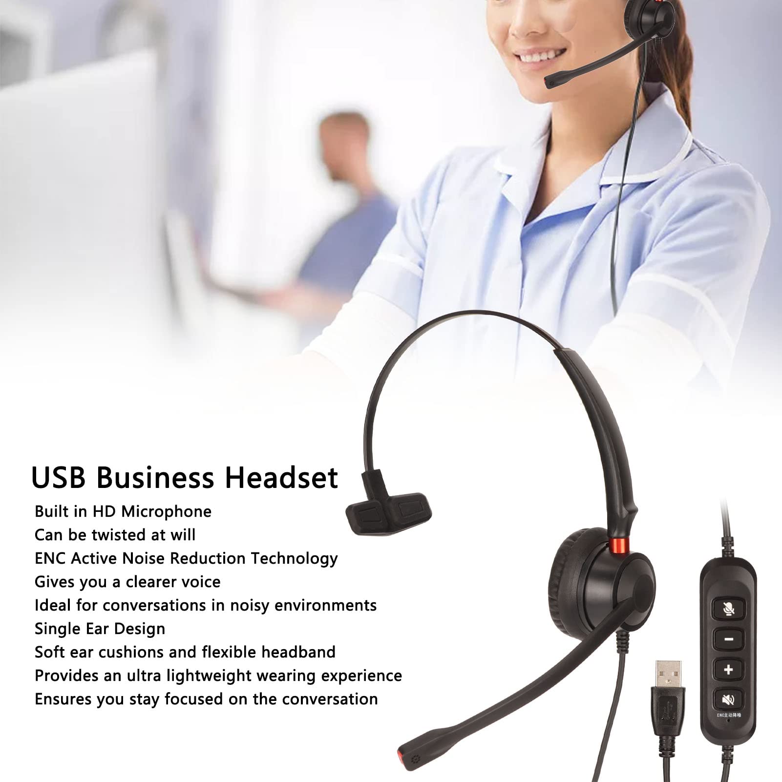 USB Business Headset with Noise Cancelling Microphone - Single-Sided Wired PC Headphone with Volume Control & Mute Button for Office Calls, Remote Work, and Online Meetings