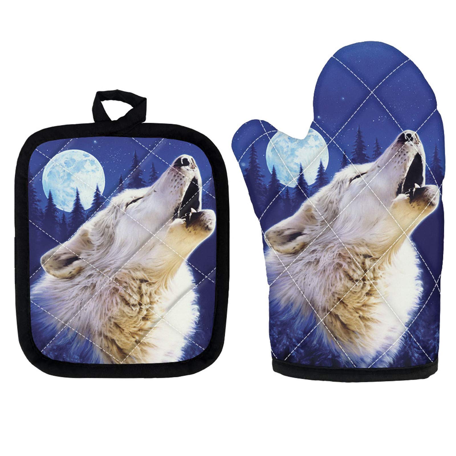 WELLFLYHOM Funny Wolf Oven Mitts & Pot Holders Set - 2-Piece Heat Resistant Kitchen Gloves with Non-Slip Surface & Soft Cotton Lining for Baking, Cooking, Grilling, BBQ - Perfect for Holiday Gifts & Home Kitchen Use