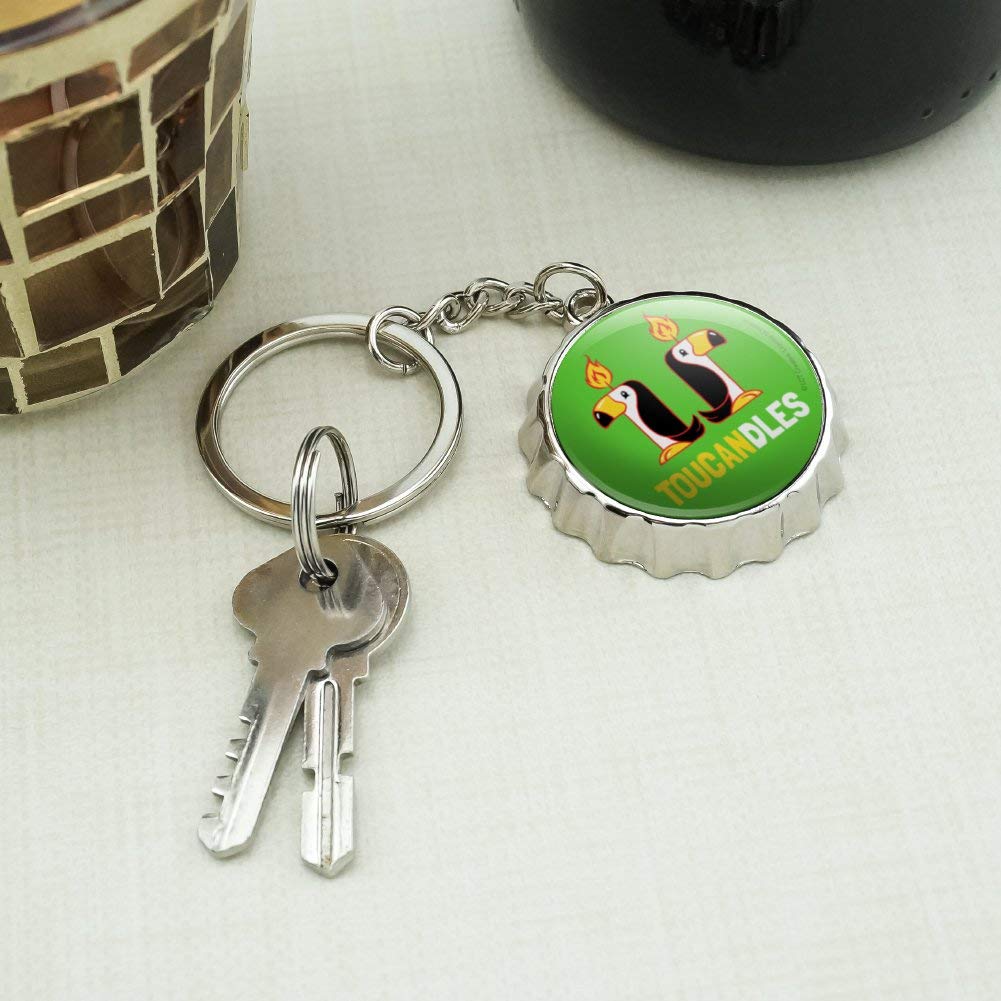Funny Toucan Two Candles Keychain - Chrome Plated Metal Bottle Opener with Pop Cap - Perfect for Parties, Gifts & Beer Lovers Accessories