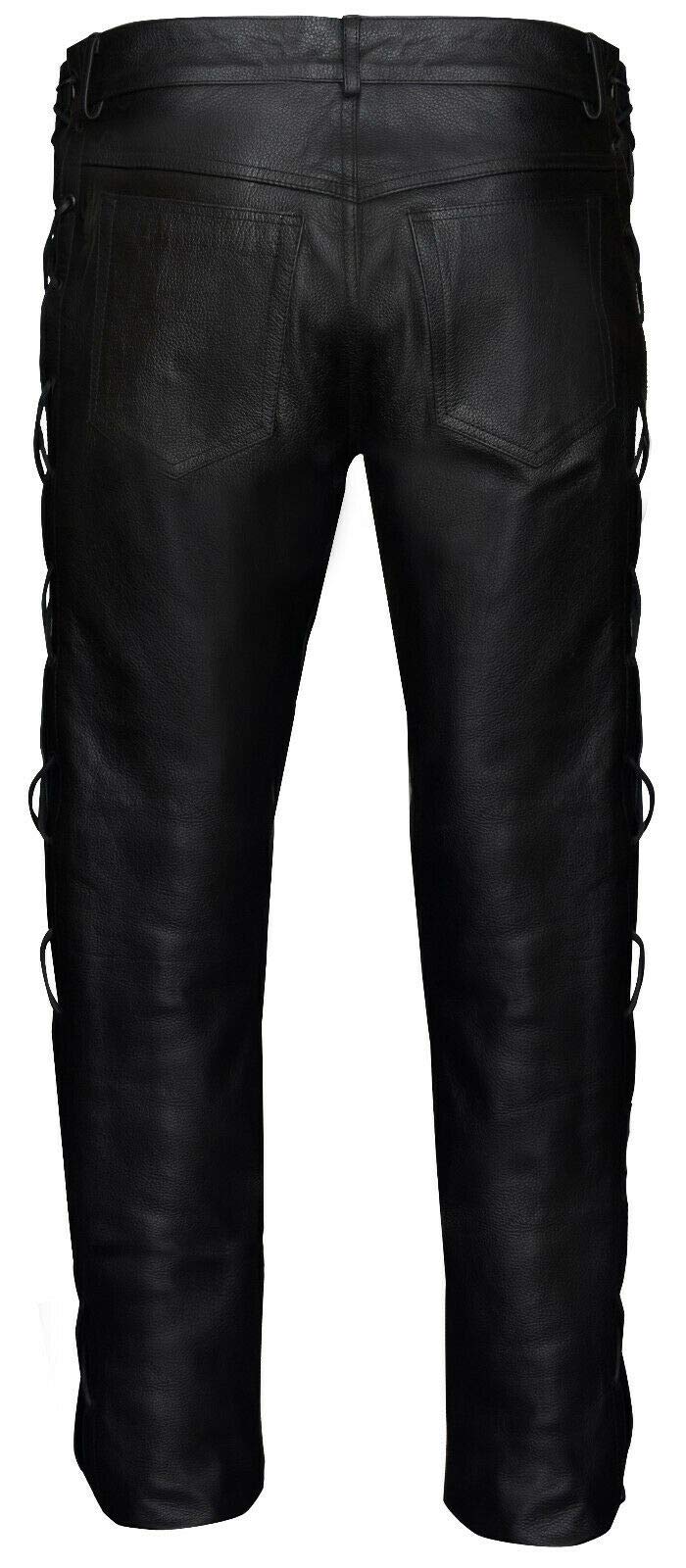 Men's Classic Black Cowhide Leather Motorcycle Pants - Biker Jeans with Lace-Up Detail for Riding & Casual Wear