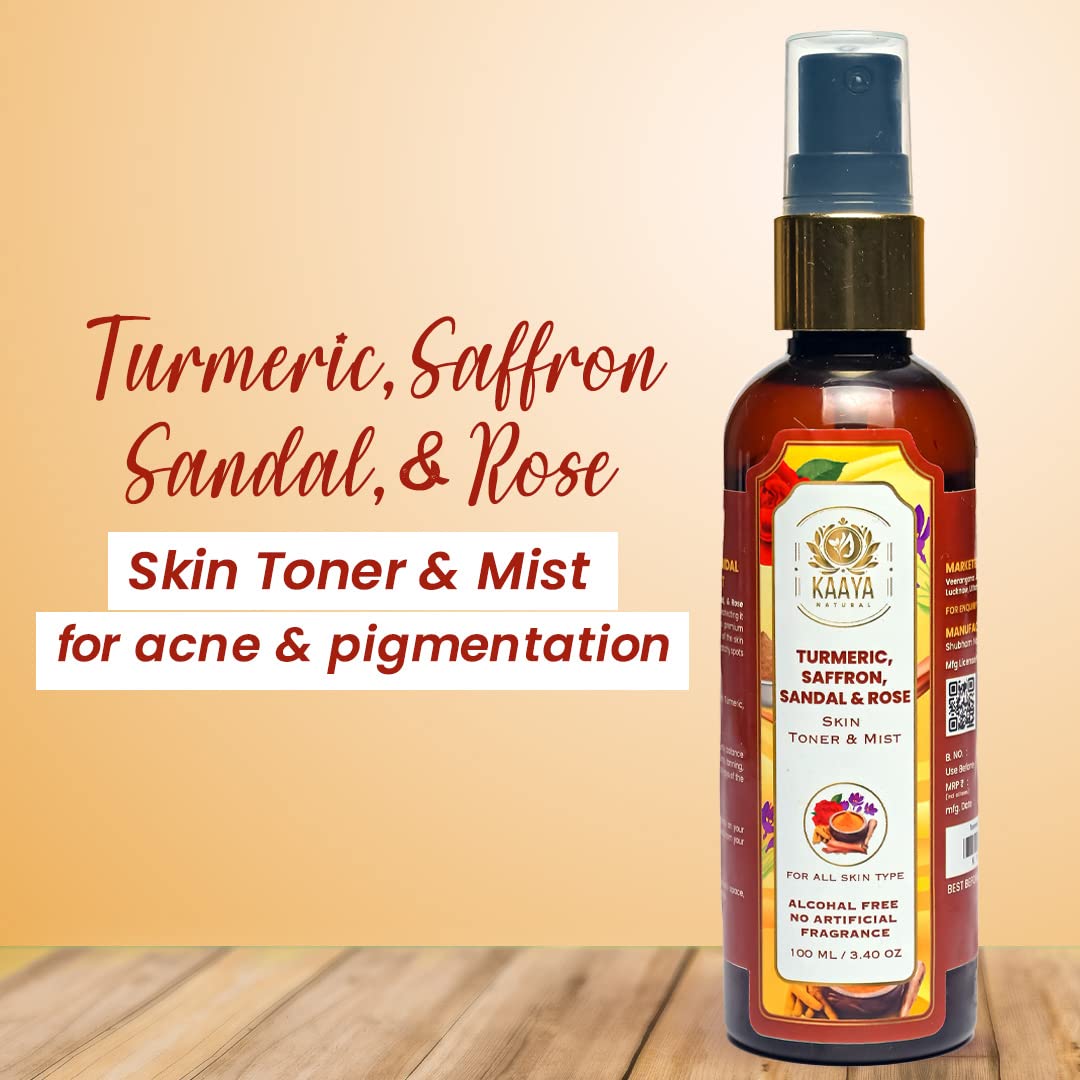 Kaaya Natural Turmeric, Saffron, Sandalwood & Rose Facial Toner Mist - Brightening Face Toner for Glowing Skin, Reduces Scars & Breakouts - 100ml | Hydrating & Refreshing Skin Care for Daily Use, Travel & Post-Workout