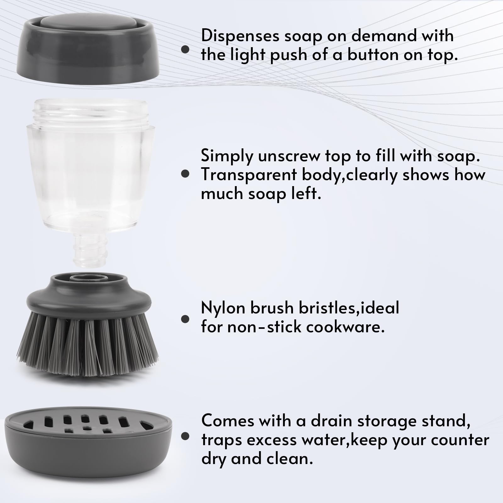 Palm Dish Brush with Soap Dispenser - Kitchen Scrub Brush for Pots & Pans - Sink Cleaning Tool