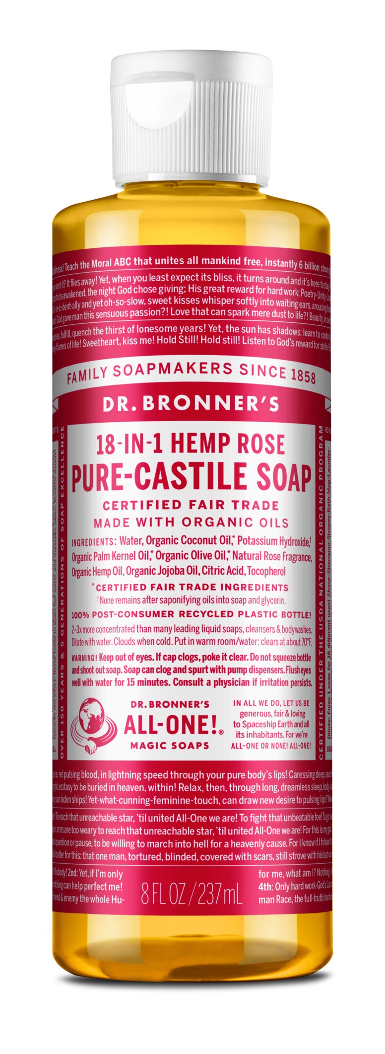 Dr. Bronner's Pure-Castile Liquid Soap - Organic Rose Scent (18-in-1 Uses: Body Wash, Face Cleanser, Shampoo & More) for Sensitive Skin & Eco-Friendly Home