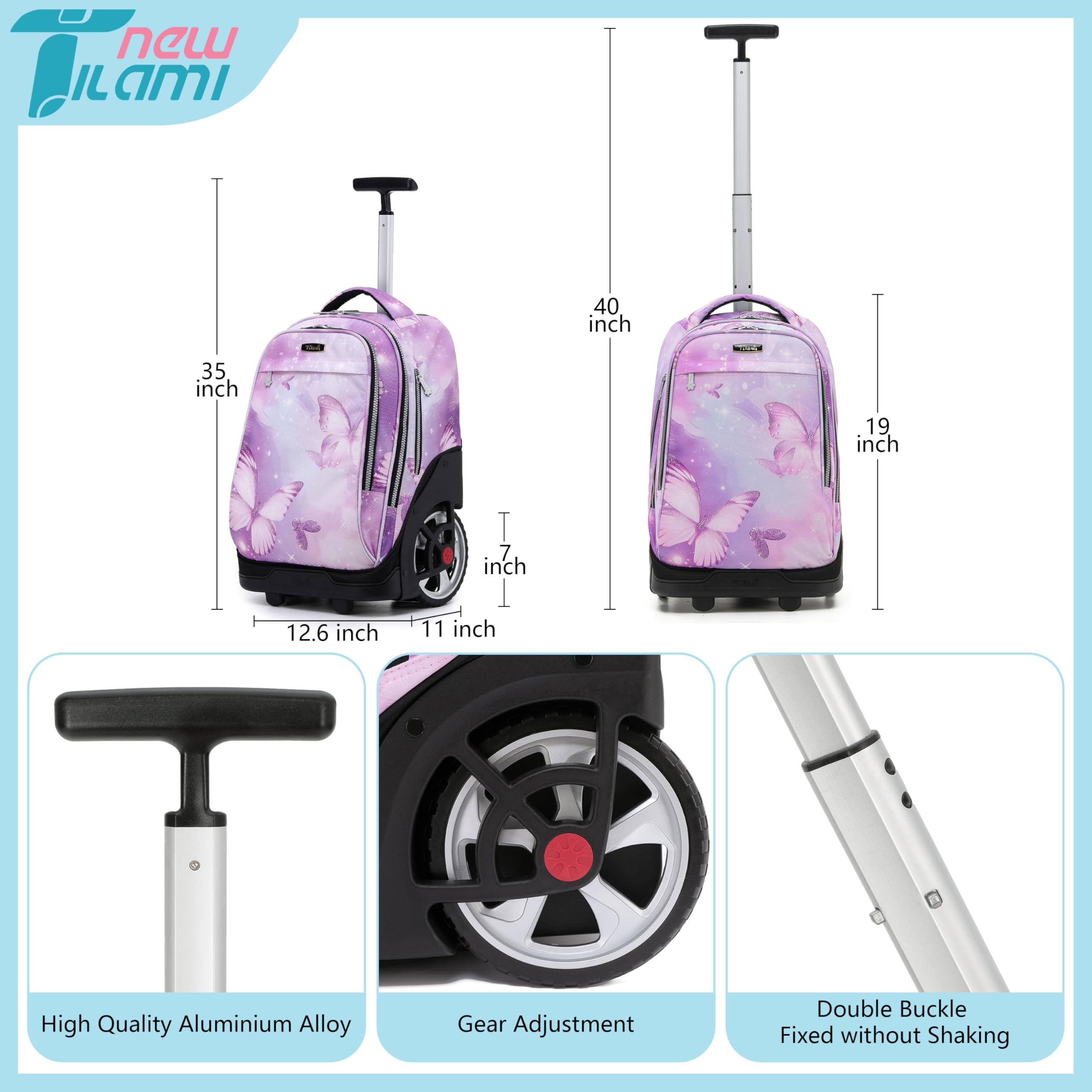 TILAMI 19 Inch Rolling Backpack with Lunch Bag - Wheeled Laptop Backpack for School & Travel, Kids & Teens (Evening Butterfly Pattern, No USB Port) - Perfect for Commuting, Air Travel, and Daily School Use