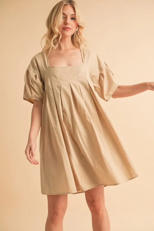Beige Babydoll Dress with Pockets - Flowy Short Sleeve Loose Fit Mini Dress for Women | Perfect for Summer, Beach, Date Night & Casual Outings