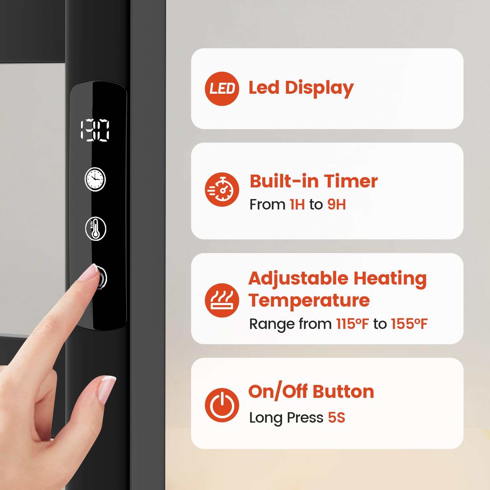 Stainless Steel Electric Heated Towel Warmer Rack - 6 Bar Wall Mounted Bathroom Heater with Built-in Timer | Hardwired & Plug-in Options | Glossy Black Finish | Perfect for Bathrooms, Spas & Luxury Home Decor