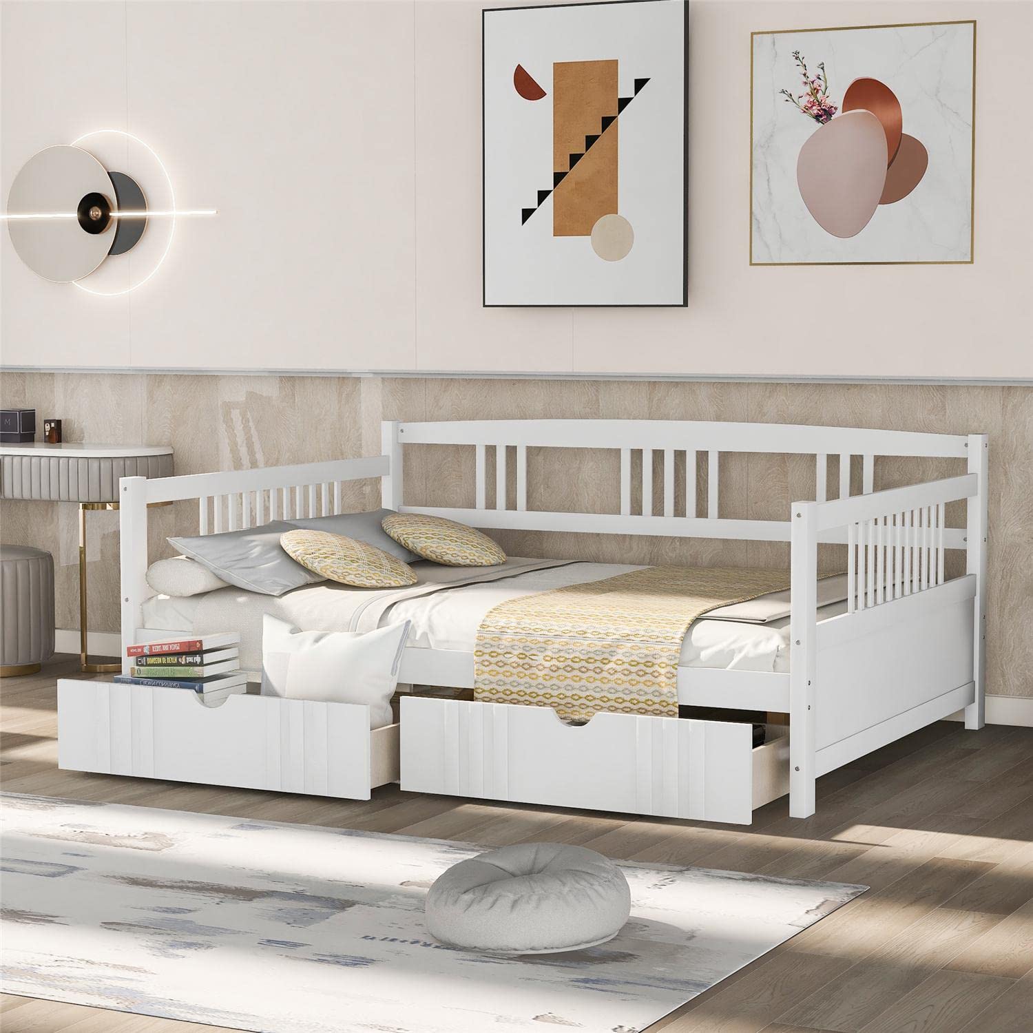 JINS&VICO Full Size Daybed with 2 Drawers - Solid Wood Captains Bed Frame for Kids, Teens & Adults - No Box Spring Needed - White (78.6
