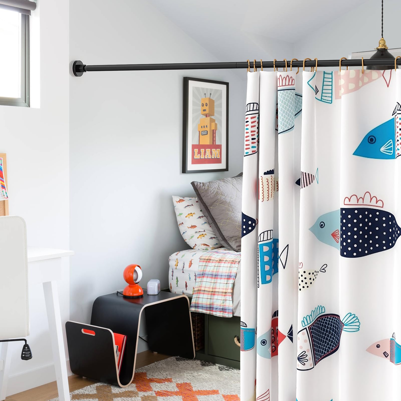 No-Drill Adjustable Shower Curtain Rod 32-75 Inch, Rust-Resistant Stainless Steel Telescoping Tension Rod for Bathroom - Non-Slip, Black - Perfect for Apartments, Dorms & Small Bathrooms