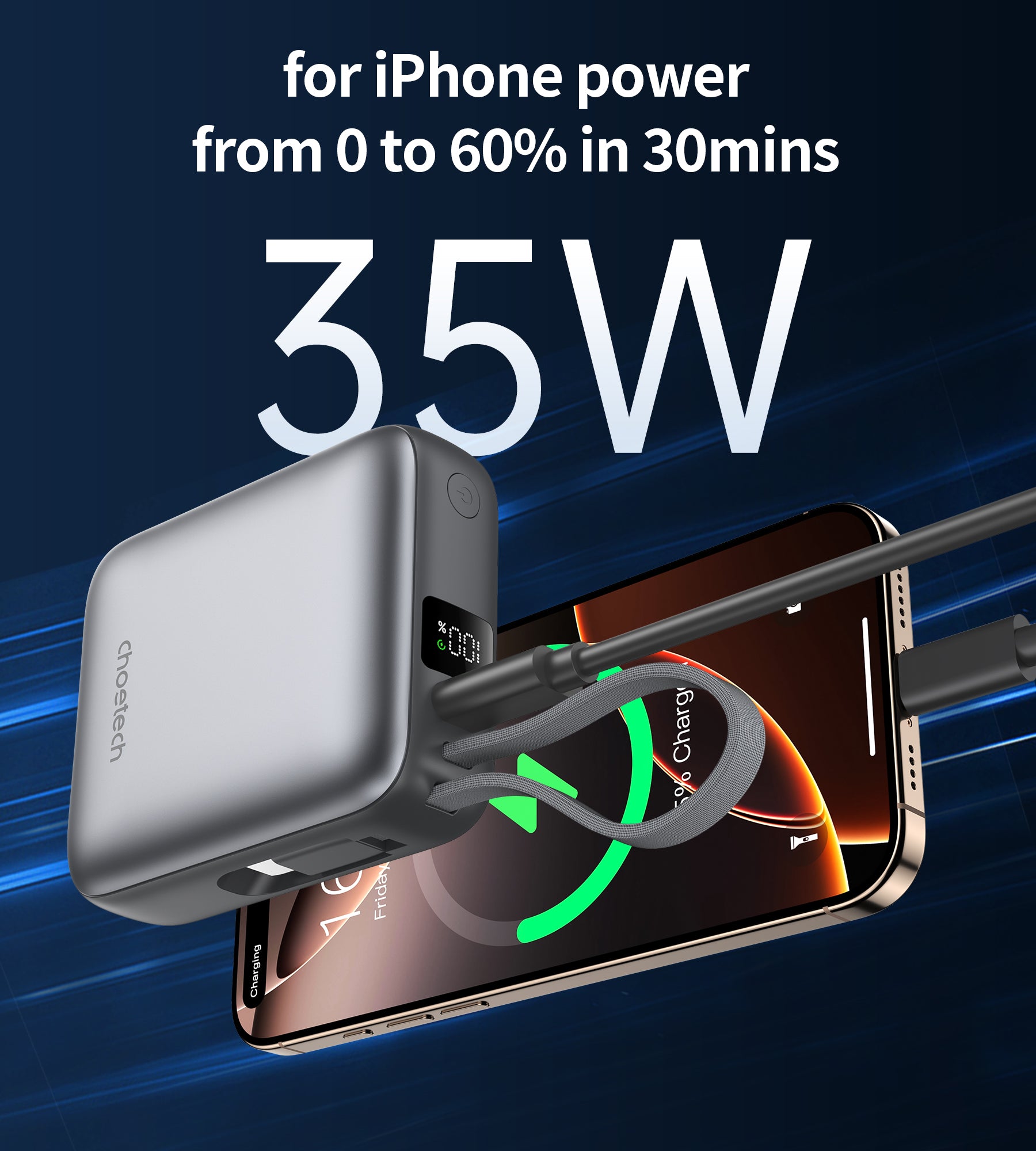 Choetech Mini 35W 10000mAh Portable Charger with USB C Cable - Fast Charging Power Bank for iPhone, Samsung, AirPods - Perfect for Travel, Camping & Emergency Backup (Grey)