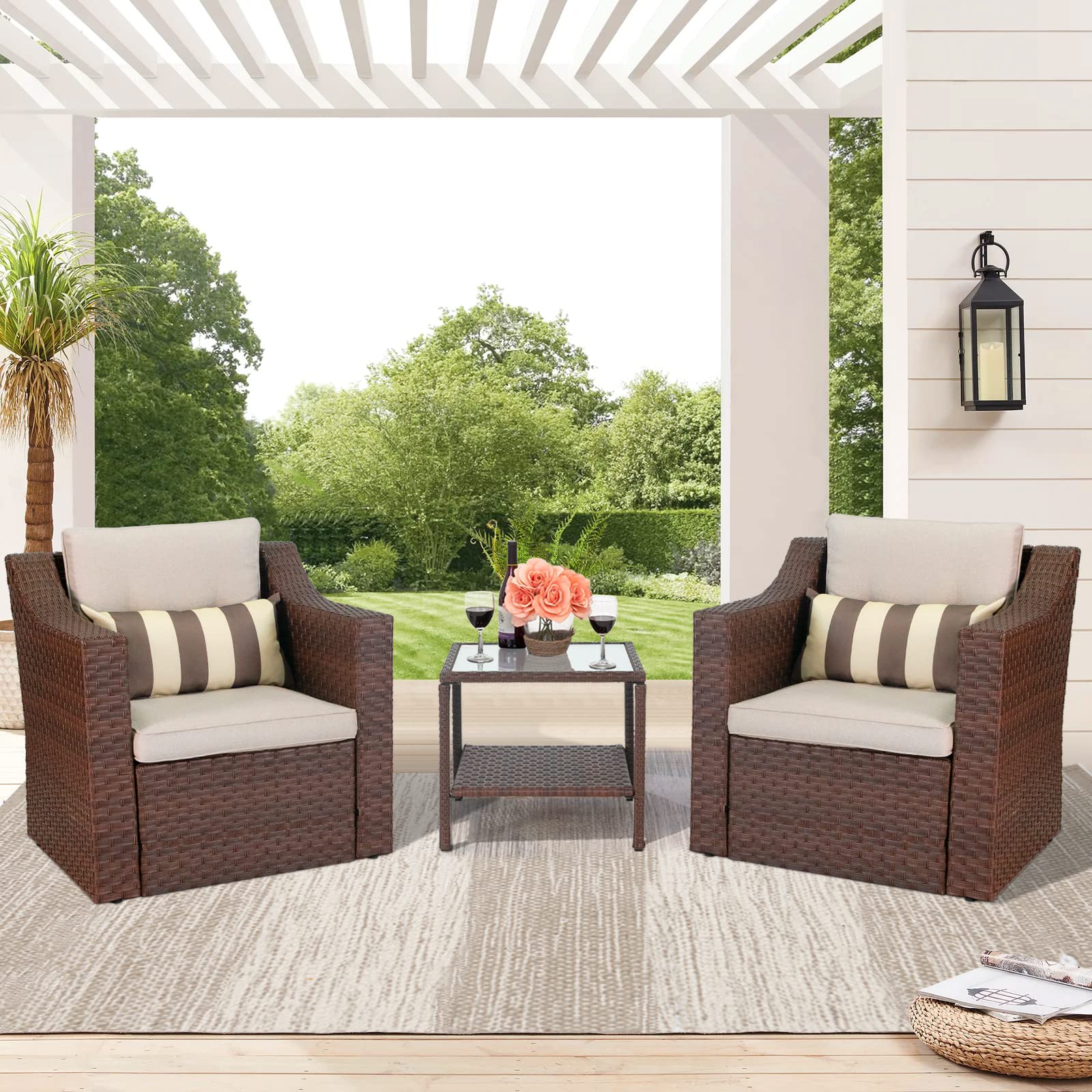 Crownland 3-Piece Outdoor Patio Furniture Set - Rattan Sofa with Thickened Cushions & Coffee Table - Perfect for Backyard, Lawn, Porch, Poolside, Balcony (Brown) | Durable & Weather-Resistant for Outdoor Relaxation & Entertaining