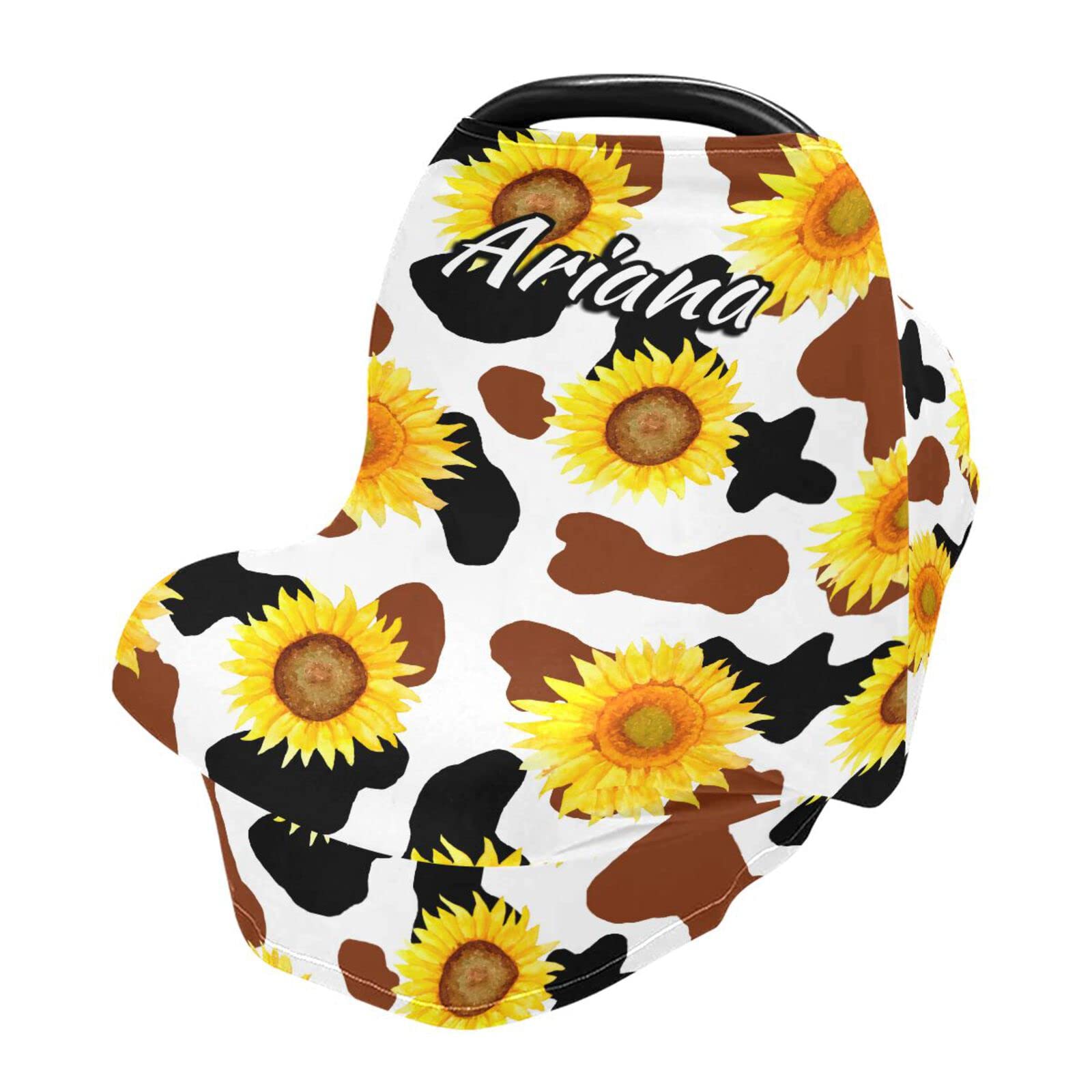 Personalized Cow Sunflower Stretch Baby Car Seat Canopy - Custom Infant Stroller Cover, Nursing Scarf & Shopping Cart Cover for Newborns | Perfect for Outdoor Walks, Shopping & Breastfeeding