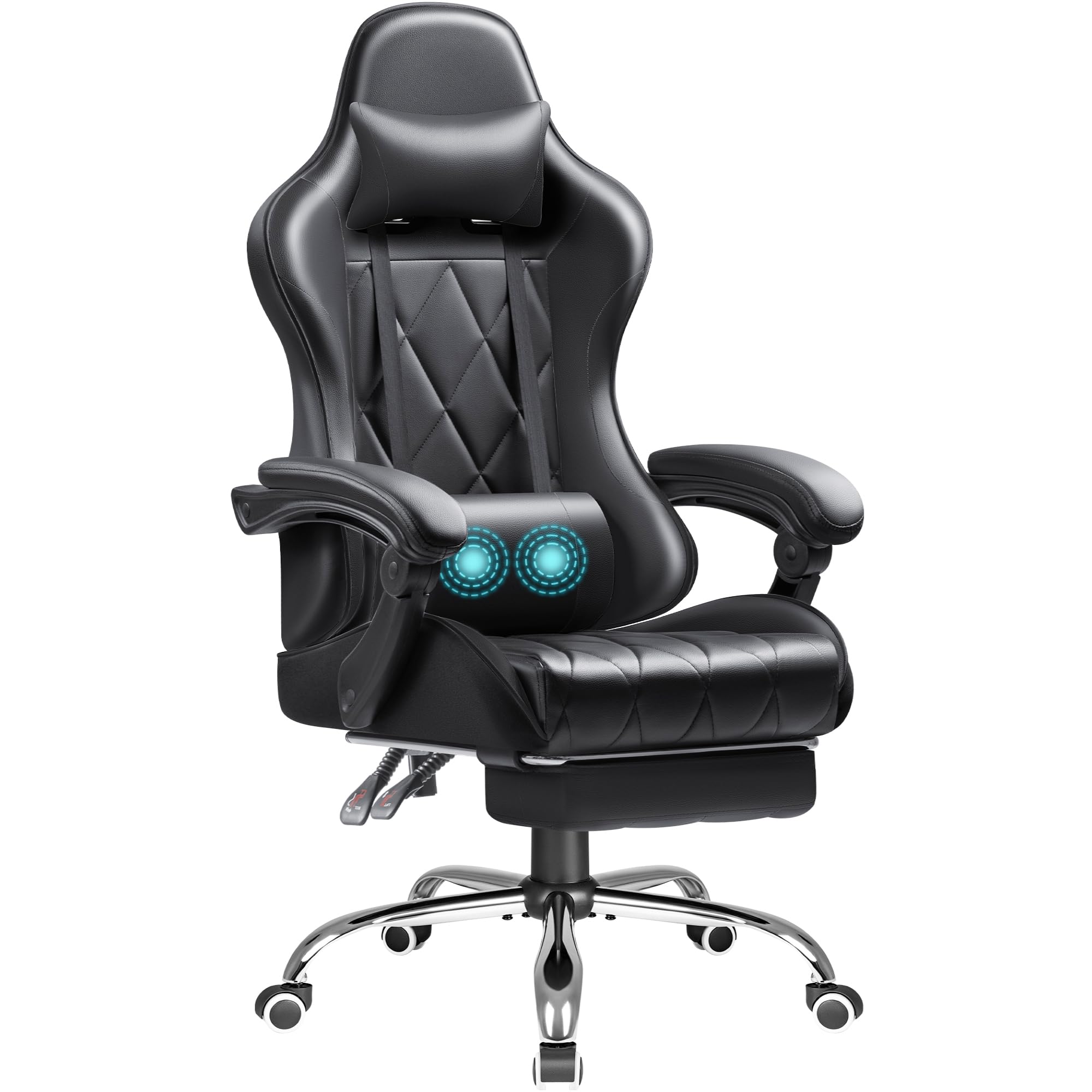 Shahoo Ergonomic Gaming Chair with Adjustable Footrest & Lumbar Massage - 360° Swivel Computer Chair with Headrest, Height Adjustable (Black) - Perfect for PC Gaming, Office Work & Home Entertainment