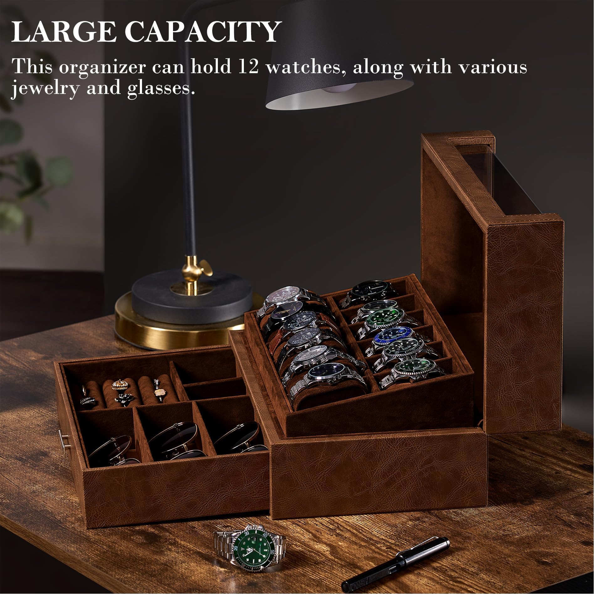 BEWISHOME 12 Slot Luxury Watch Box Organizer with Clear Acrylic Lid - Wooden Watch Display Case for Men, Jewelry & Sunglasses Storage (Brown SSH22Z) - Perfect for Watch Collectors, Gift Giving & Home Décor