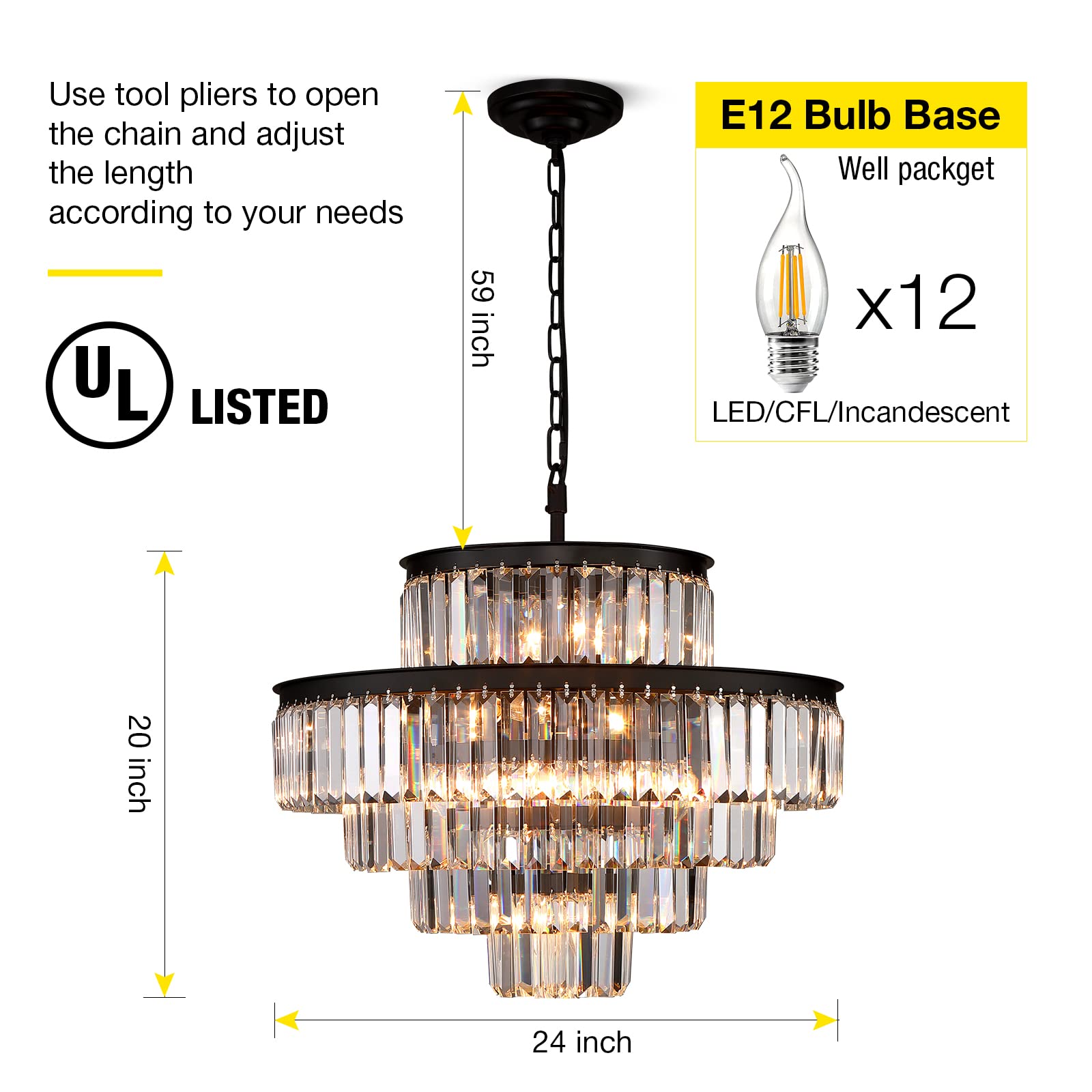 Modern Black Crystal Chandelier - 5-Tier Round Hanging Pendant Light Fixture (24 Inch) for Dining Room & Living Room | Elegant Ceiling Lighting for Home Decor, Weddings & Special Events