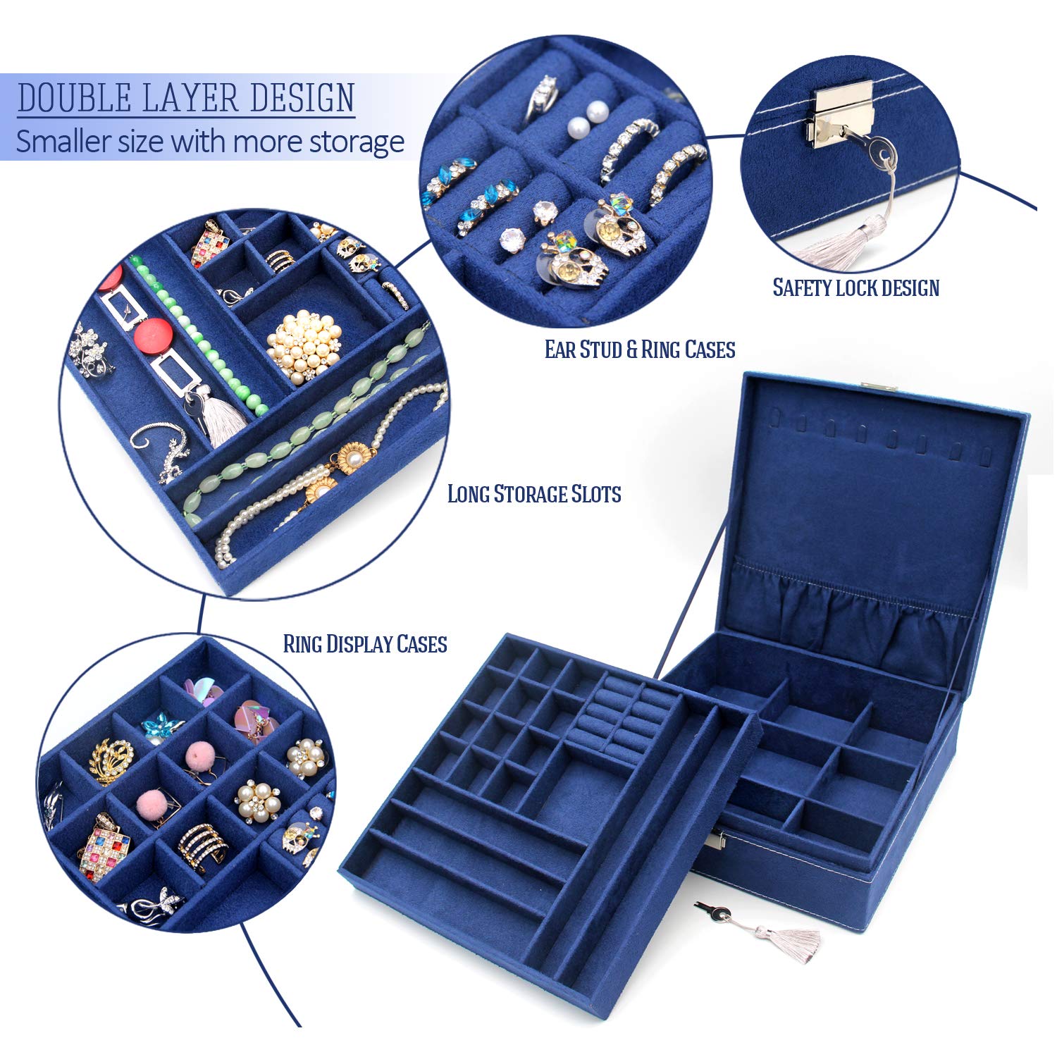 2-Layer Jewelry Organizer Box with Lock - Deep Blue Storage Case for Necklaces, Rings & Earrings | Perfect for Travel, Gift Giving & Home Display