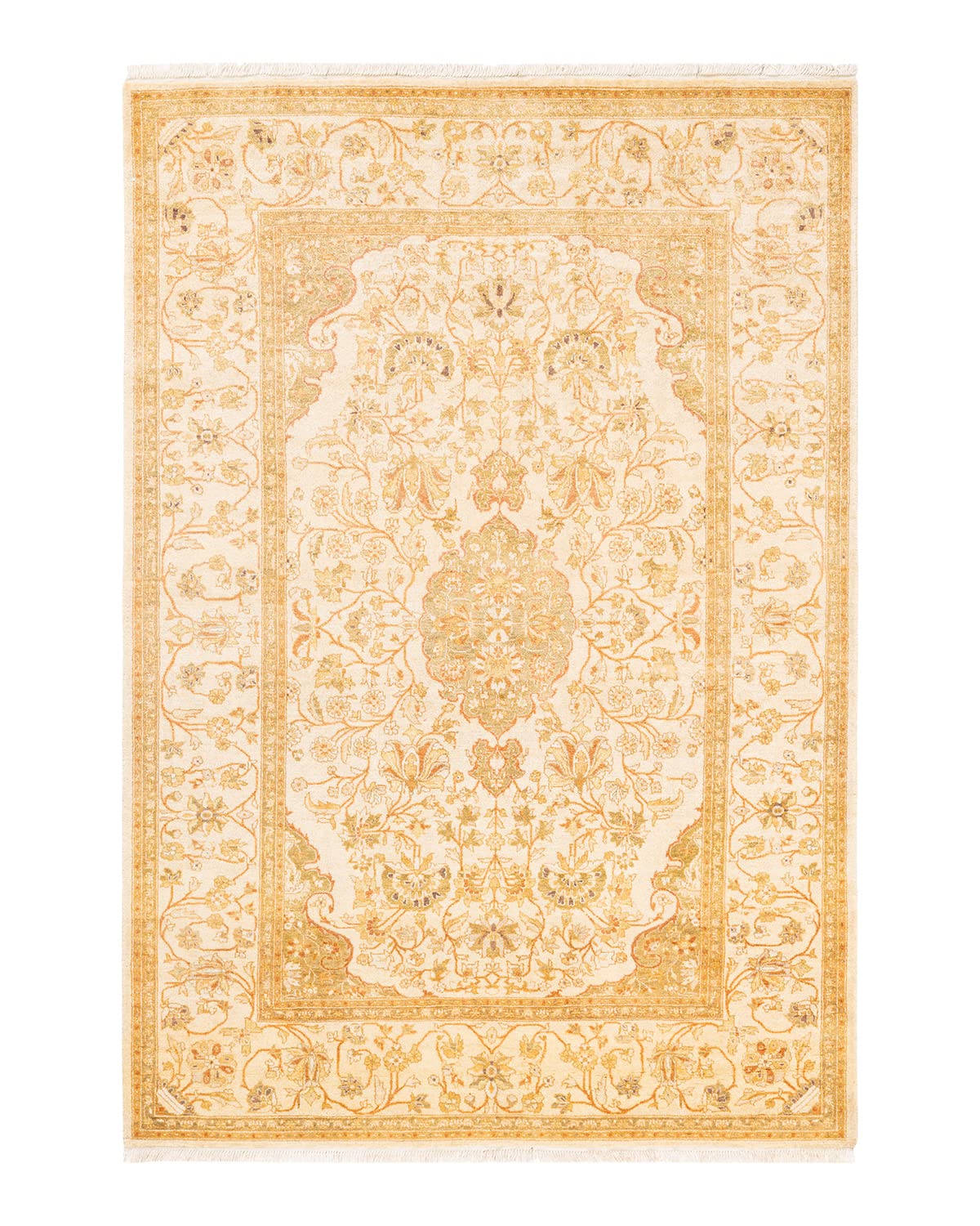Handmade Wool Oriental Mogul Ivory 4x6 Area Rug - Solo Rugs One of a Kind Hand Knotted Traditional Design for Living Room, Bedroom & Home Decor