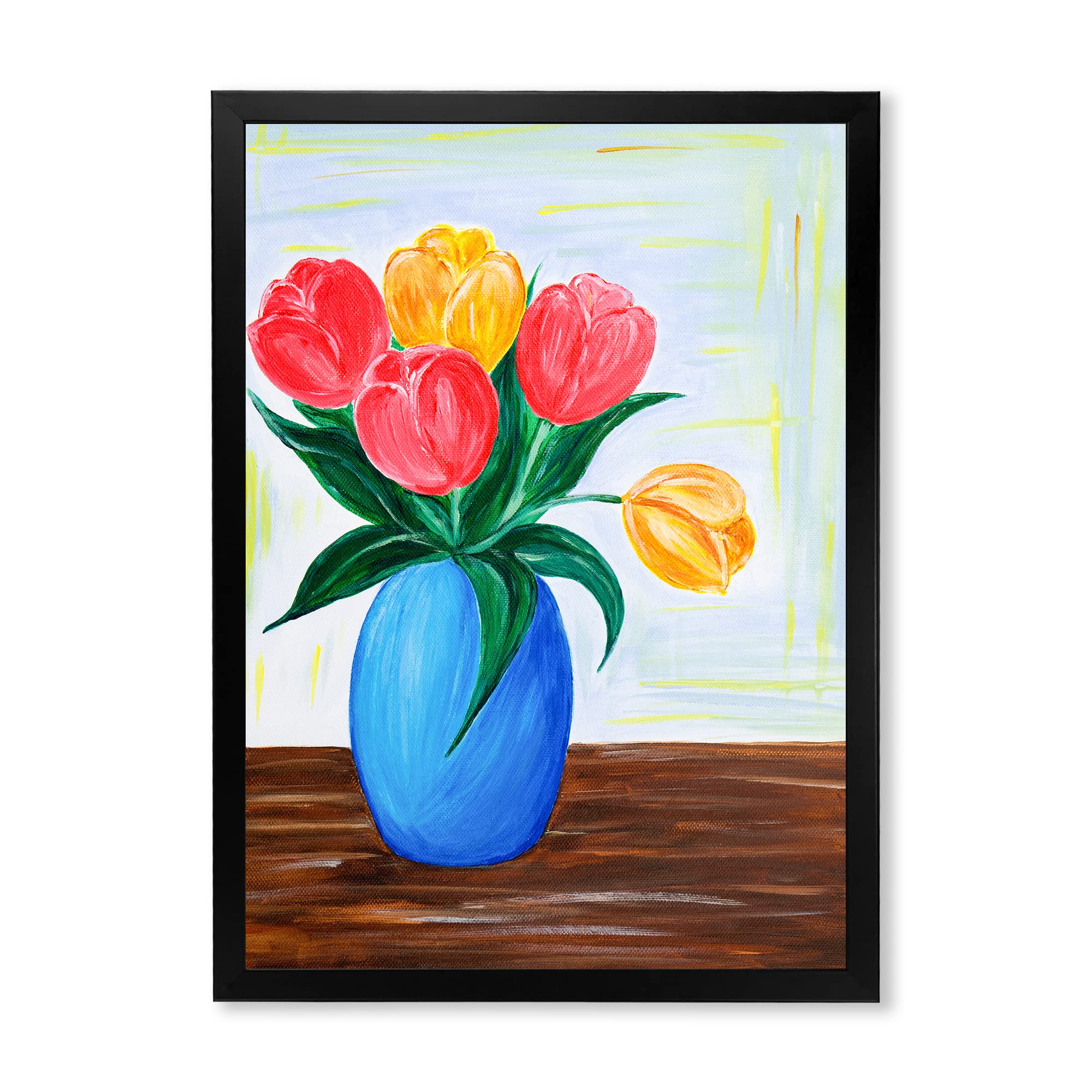 DesignQ Framed Wall Art - Vibrant Red and Orange Tulips Bouquet in Vase - Traditional Home Decor for Living Room, Bedroom & Office