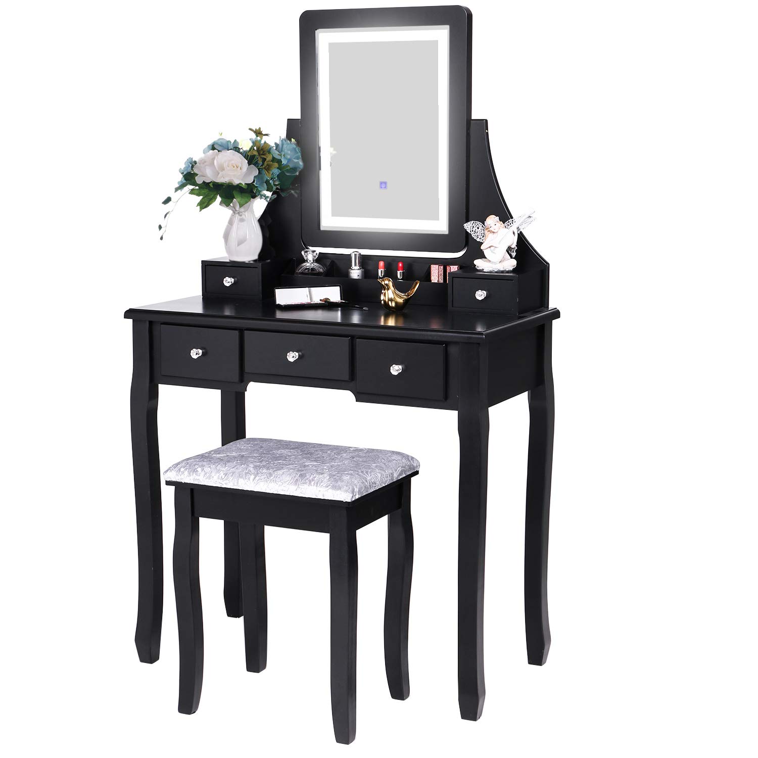 BEWISHOME Lighted Vanity Set with Mirror & Stool - Black Makeup Desk for Home