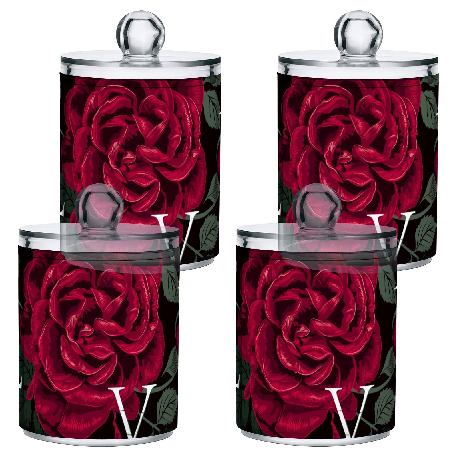 4-Pack Rose Red Plastic Q-Tip Holder Dispenser with Lid - Cotton Ball, Swab & Round Pad Storage - Clear Bathroom Organizer for Vanity, Makeup & Dental Floss - Aesthetic Apothecary Jars for Countertop Decor