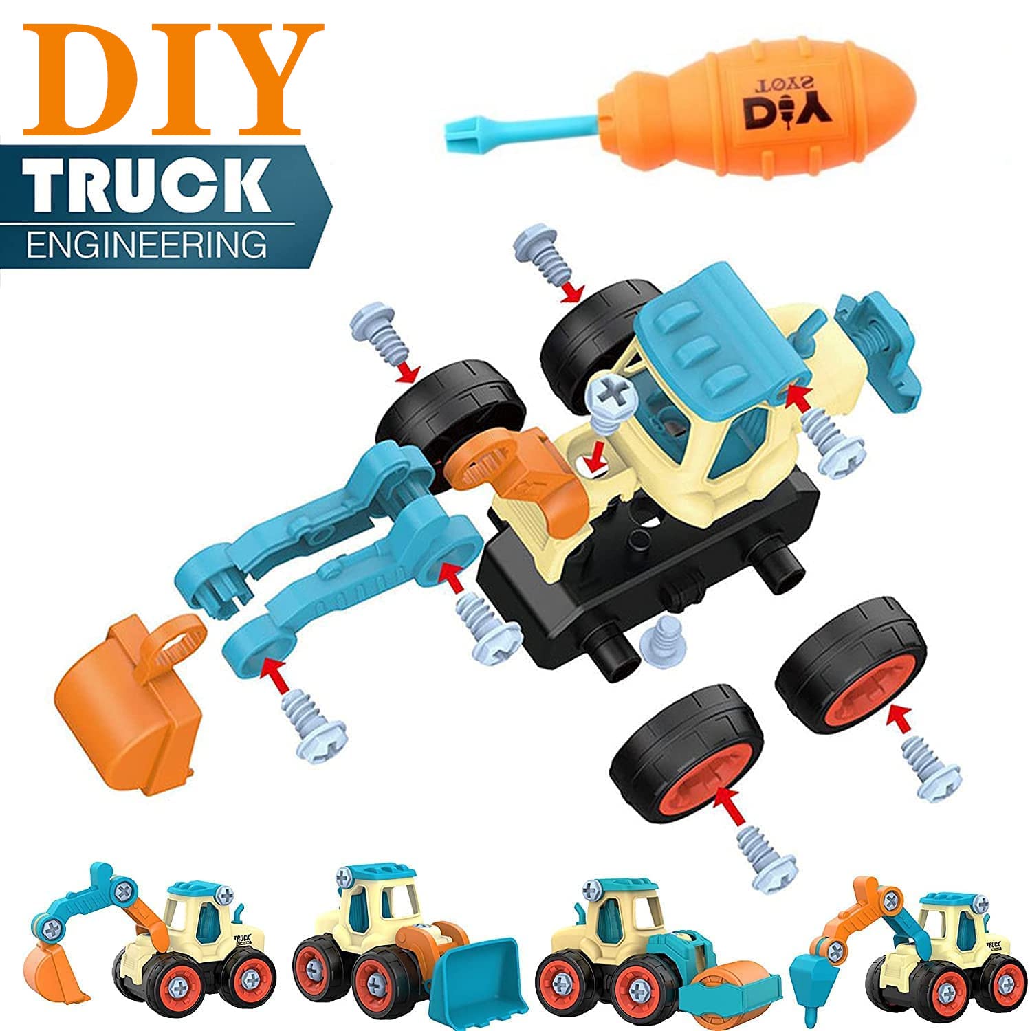 4 Pack Take Apart Construction Trucks Toys for Boys Ages 3-8, STEM Learning Montessori Engineering Vehicle Playset with Electric Drill – Perfect for Pretend Play, Birthday Gifts & Classroom Activities