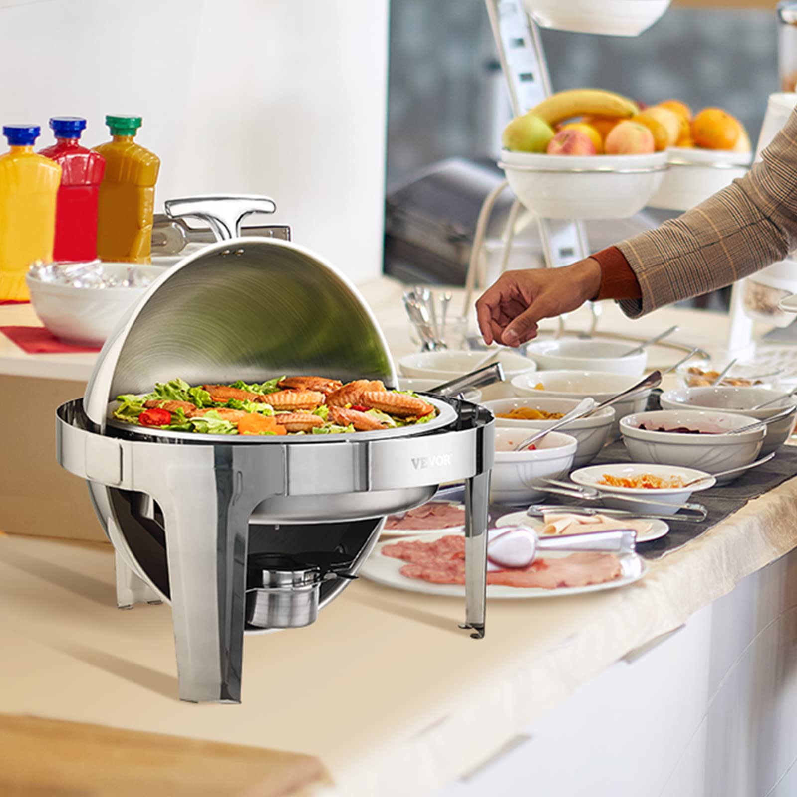 VEVOR 6 Qt Stainless Steel Roll Top Chafing Dish Buffet Set (2 Pack) - Includes 2 Full Size Pans, Lids, Water Pan Stand & Fuel Holder - Perfect for Catering, Buffets, Parties & Serving 5+ People