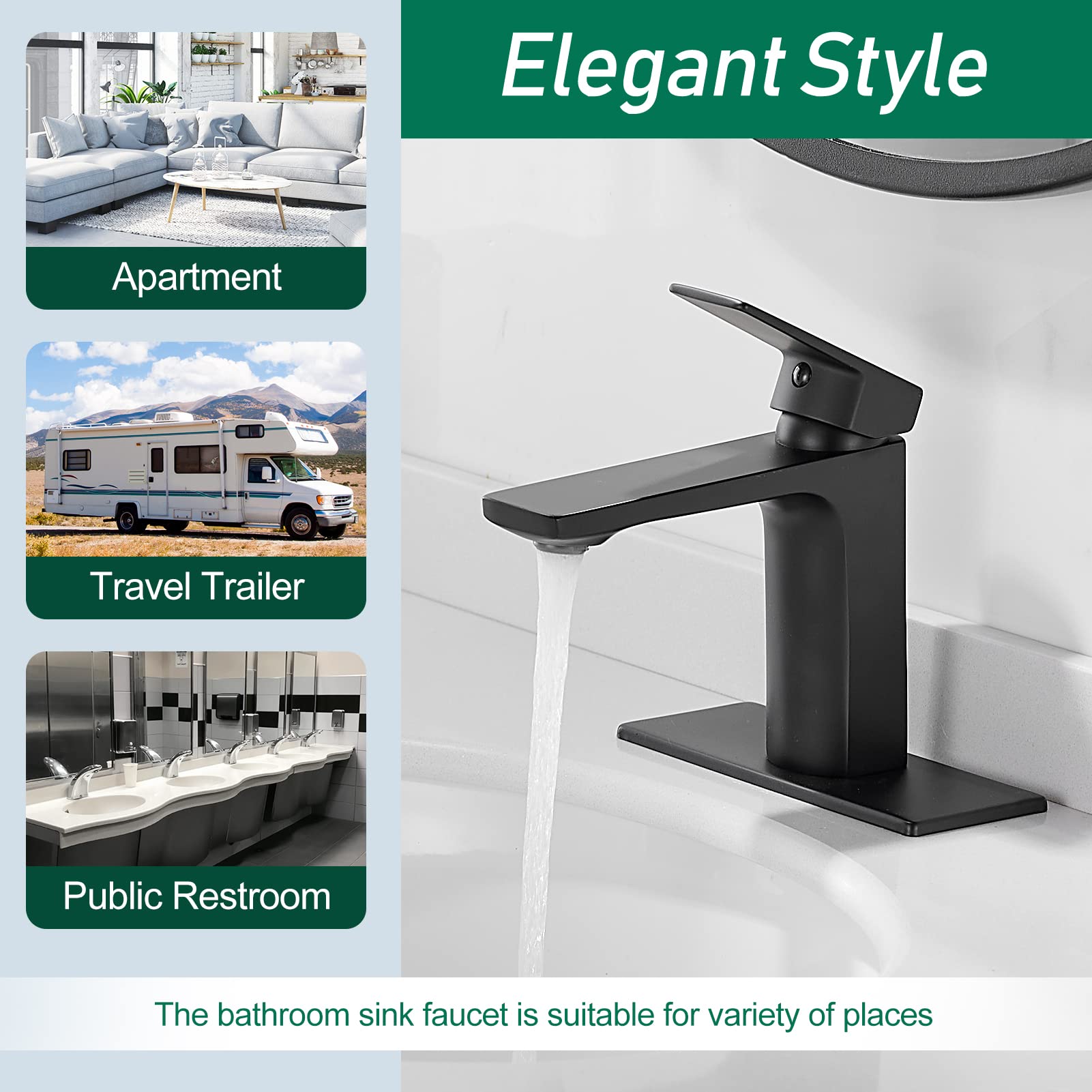 VOTON Matte Black Bathroom Faucet - Single Handle Sink Faucet with Deck Plate for Home & RV Use