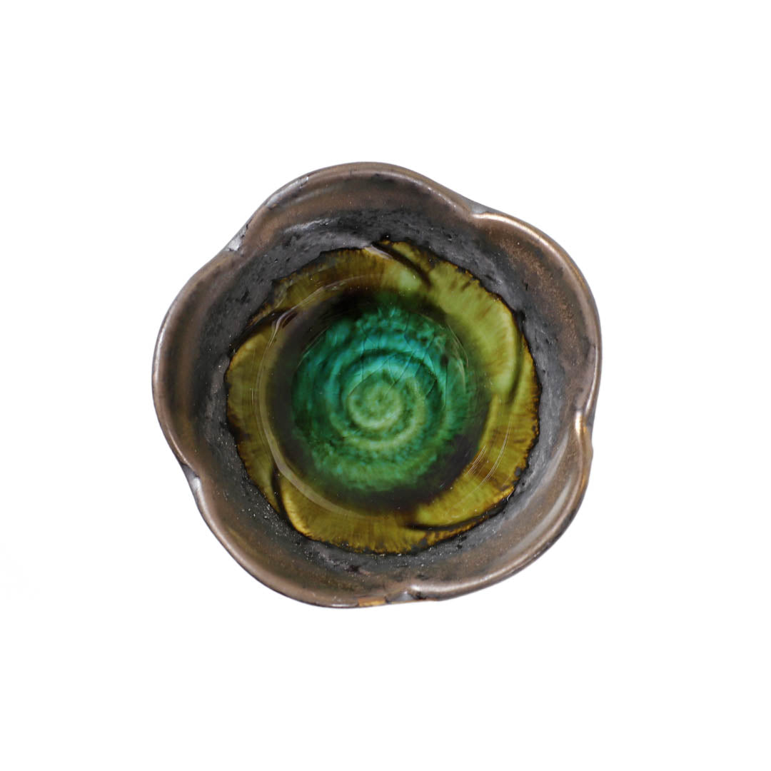 Bronze x Oribe Green Ume Flower-Shaped Kobachi Appetizer Bowl - 4.5 fl oz / 3.9 inch Diameter - Perfect for Japanese Cuisine, Sushi, Small Bites & Elegant Table Setting