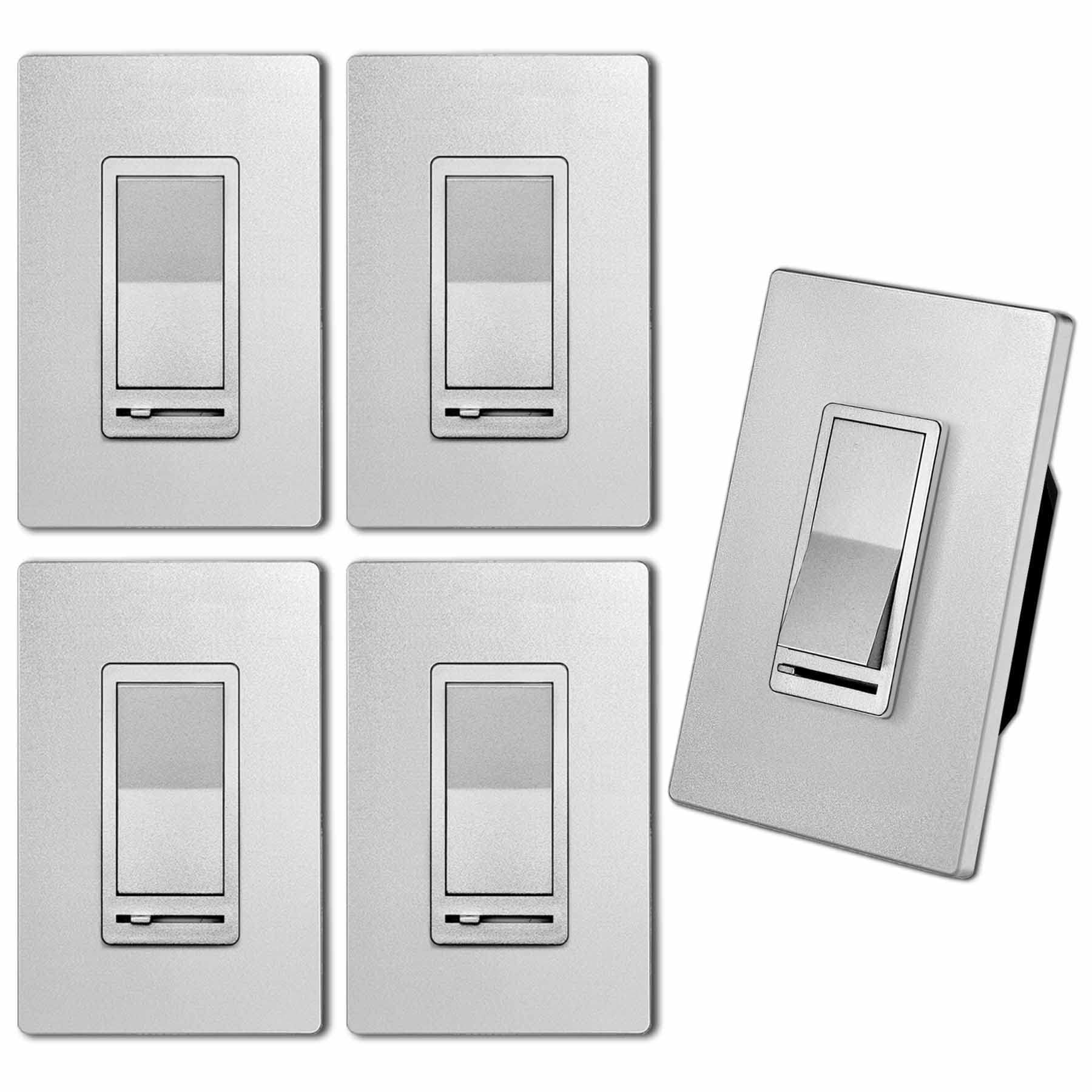 5 Pack BESTTEN Silver Dimmer Light Switch - Screwless Wall Plate, Single Pole/3-Way, Works with Dimmable LED/CFL/Incandescent/Halogen Bulbs (120VAC, UL/cUL Listed) - Perfect for Living Room, Bedroom & Home Lighting Control