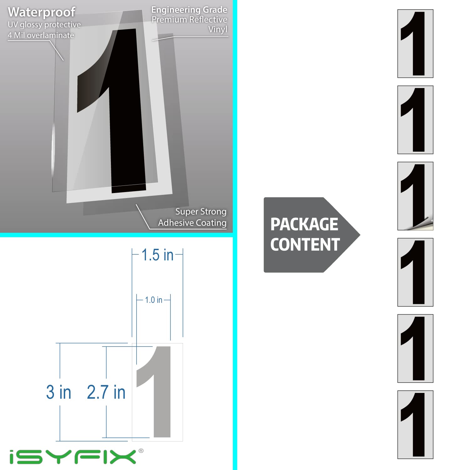 iSYFIX Black Vinyl Number 1 (One) Stickers - 6 Pack 3 inch - Premium Reflective Decals for Mailbox, Signs, Windows, Doors, Cars & Trucks | Durable Indoor & Outdoor Address Labels for Home & Business Use