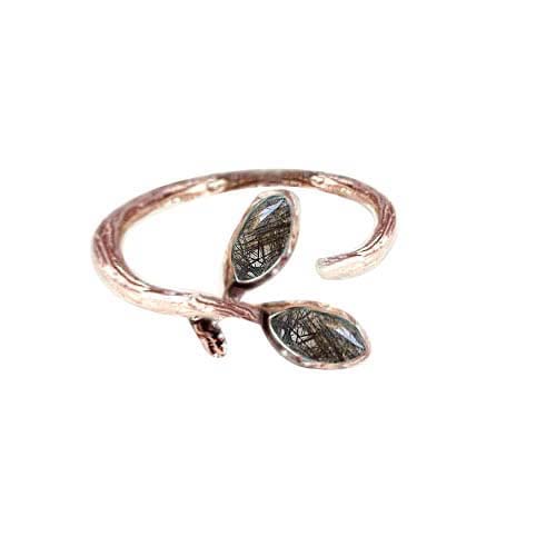 925 Sterling Silver Rose Gold Twig Ring with Black Rutilated Quartz & Tourmalinated Quartz - Elegant Gemstone Jewelry for Women | Perfect for Weddings, Anniversaries & Special Occasions