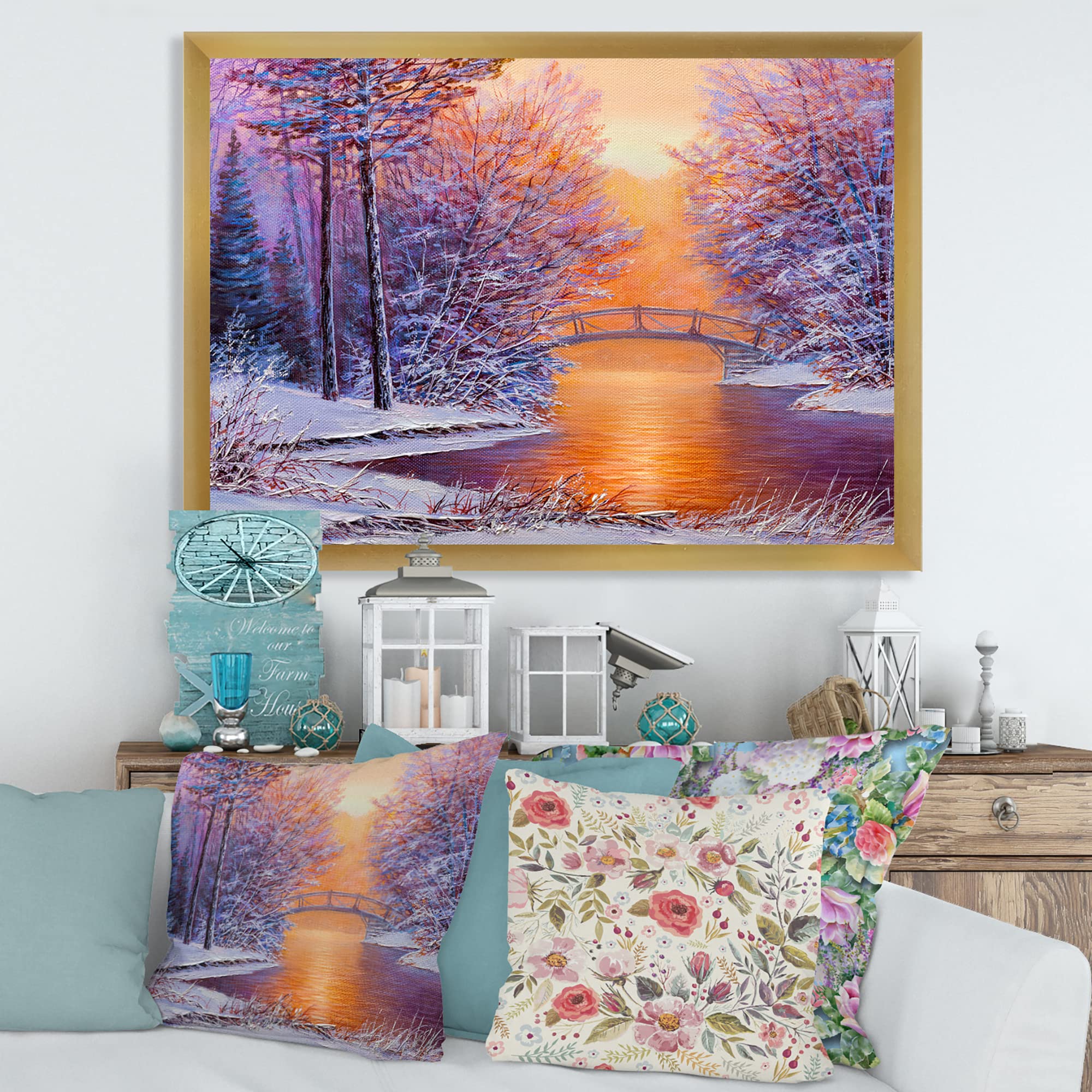 Traditional Framed Winter Landscape Wall Art - Bridge Over River Painting - Perfect for Living Room, Bedroom & Office Decor