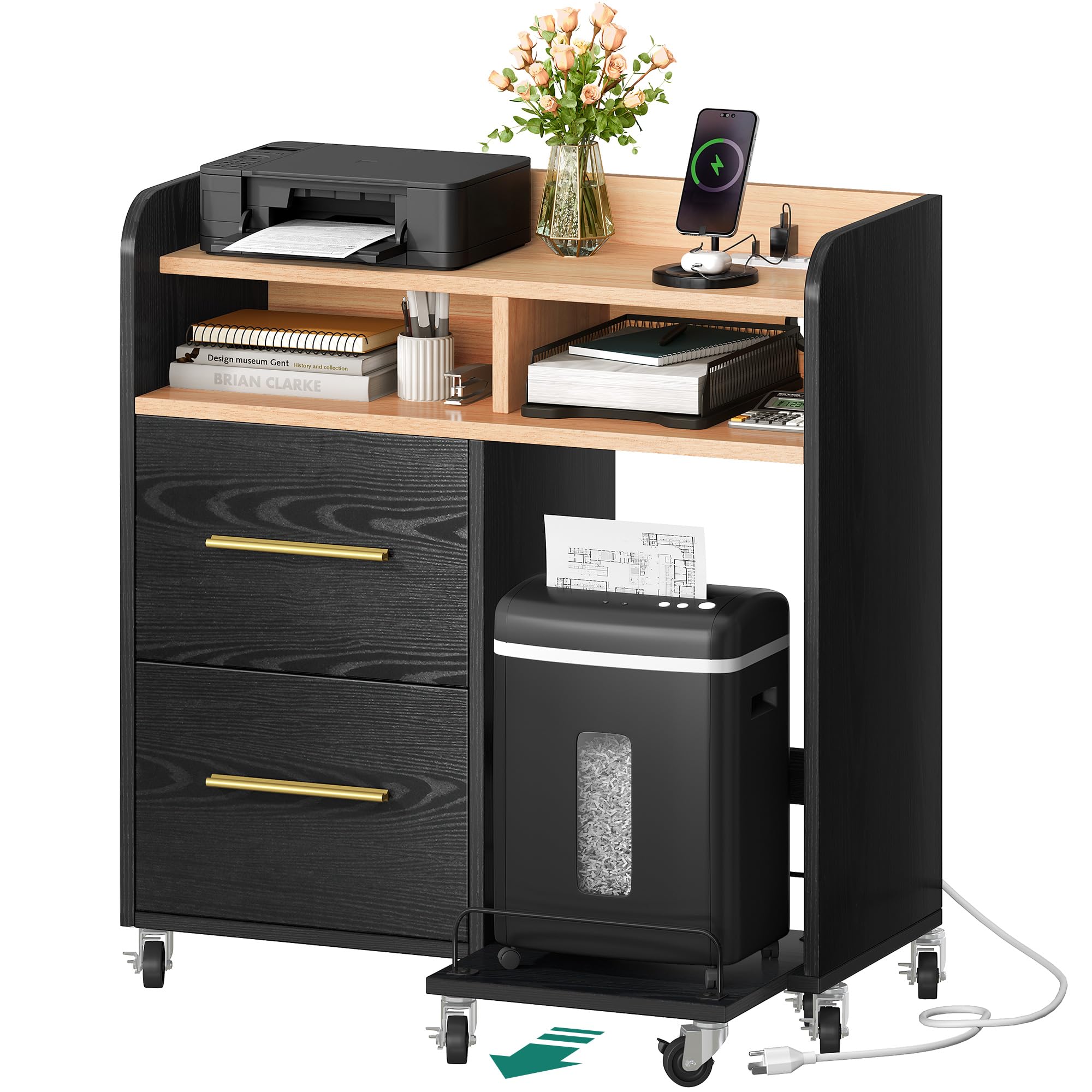 YITAHOME File Cabinet with USB Charging Station, Home Office Printer Stand Cart - Organize A4, Letter & Legal Size Files - Black Office Furniture for Workspace & Small Business Storage