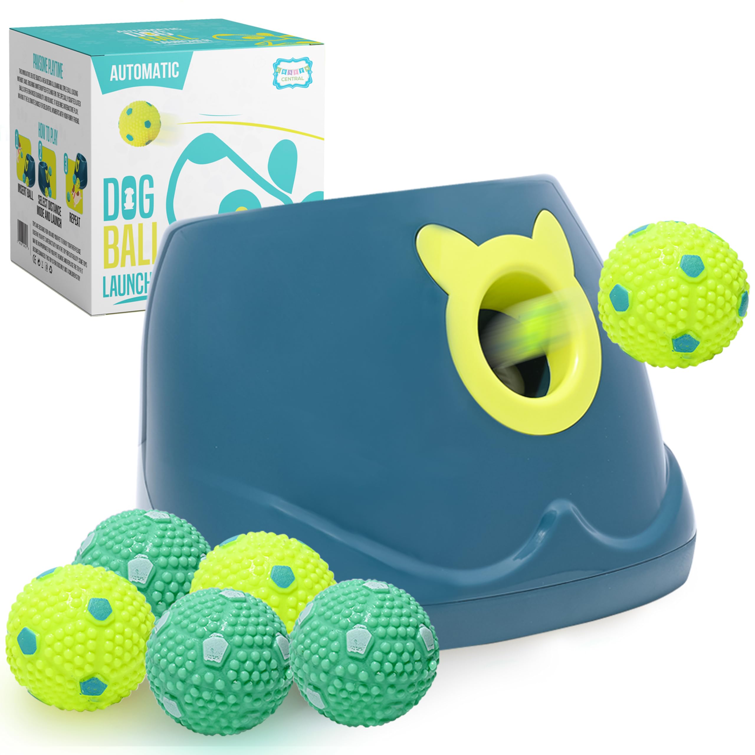 Automatic Dog Ball Launcher - Interactive Fetch Machine Toy for Small & Medium Dogs with 6 Latex Balls, Plug-in & Battery Powered (4 Distance Settings) - Perfect for Backyard Play, Exercise & Training Sessions