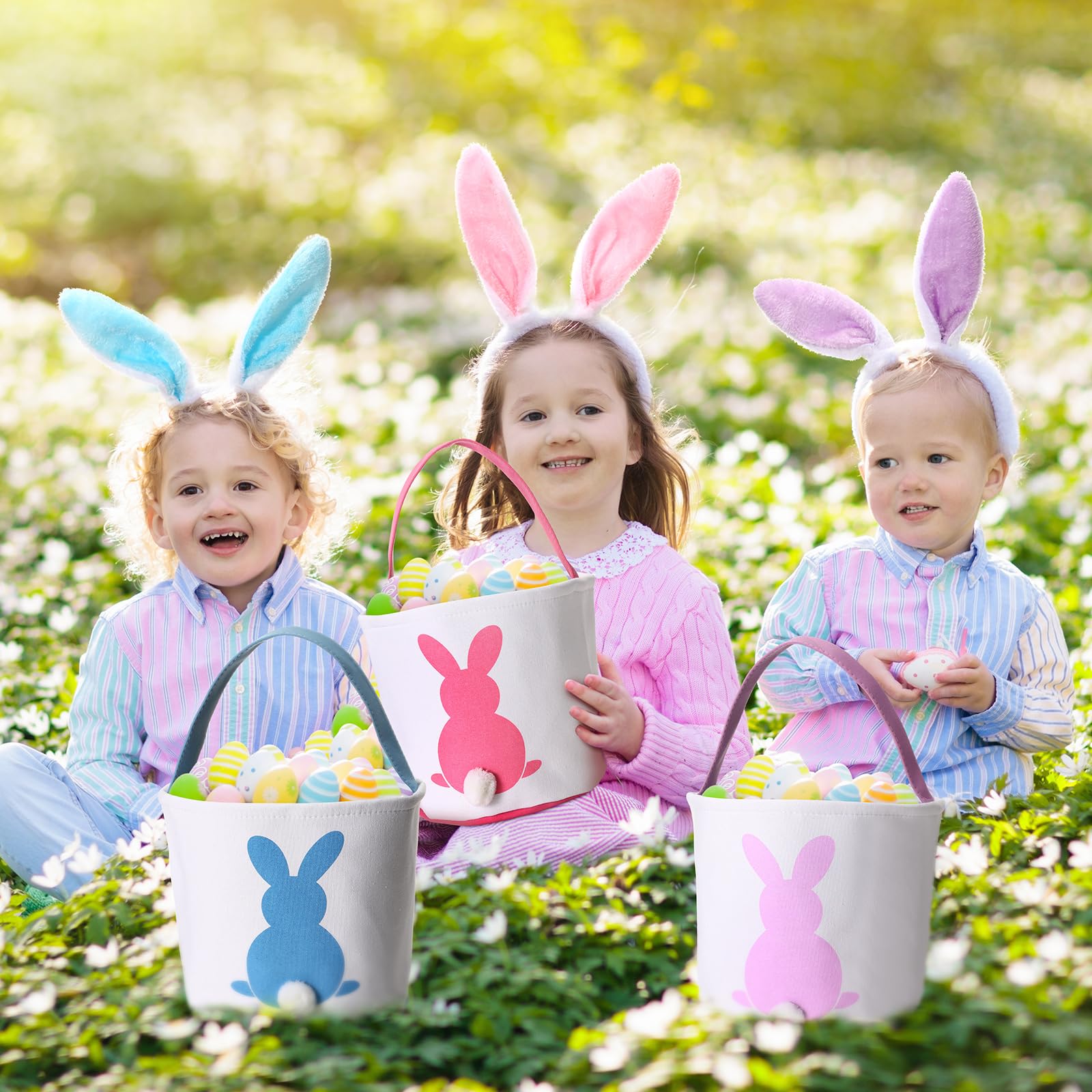 Domensi 6-Piece Bunny Easter Basket Set with Plush Bunny Headbands for Kids & Adults - Small Canvas Easter Baskets Bulk for Easter Egg Hunt Favors (9x9.45 Inches) - Perfect for Easter Parties, Classroom Treats & Spring Celebrations