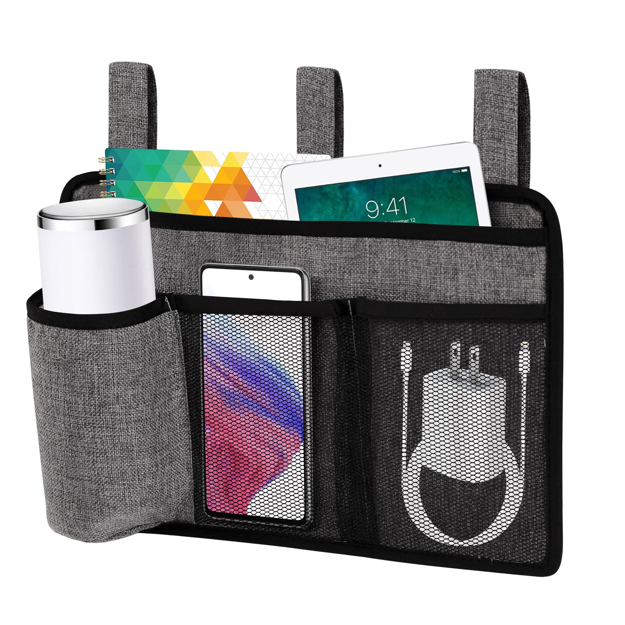 Joywell Bedside Organizer - Grey Bed Storage Caddy for Remote Control, Phone & Essentials - Perfect for College Dorms, Baby Bed Rails, Hospital & Camping Use