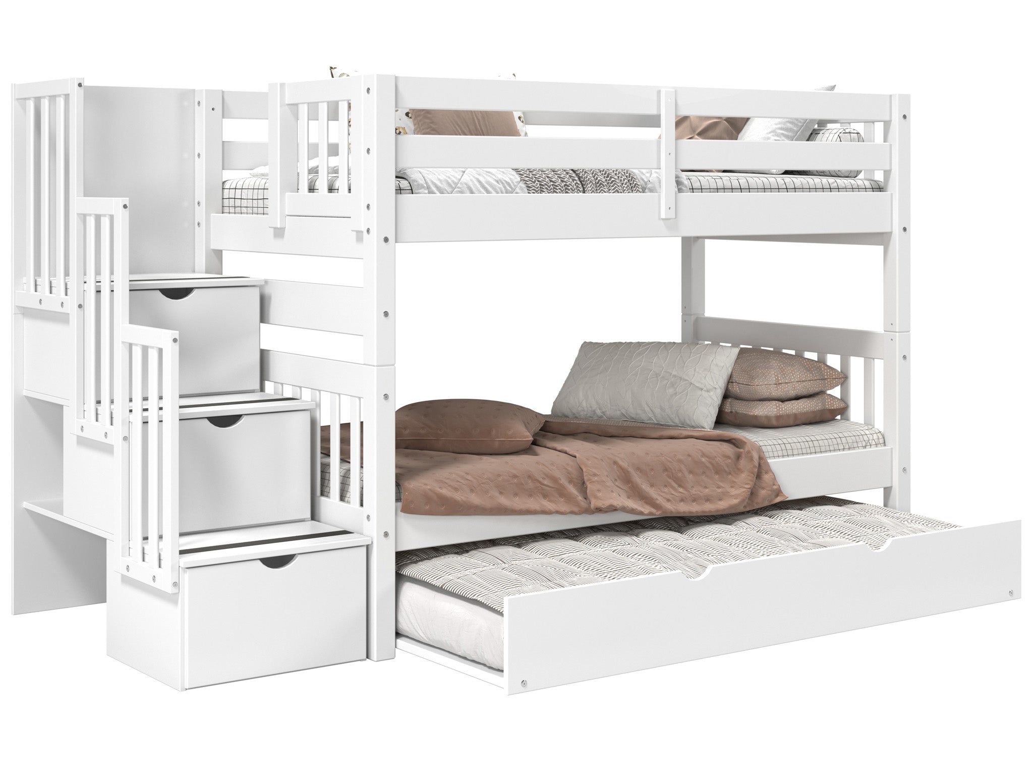 White Twin Over Twin Bunk Beds with Stairway & Trundle - Space-Saving Kids Bedroom Furniture for Siblings or Sleepovers