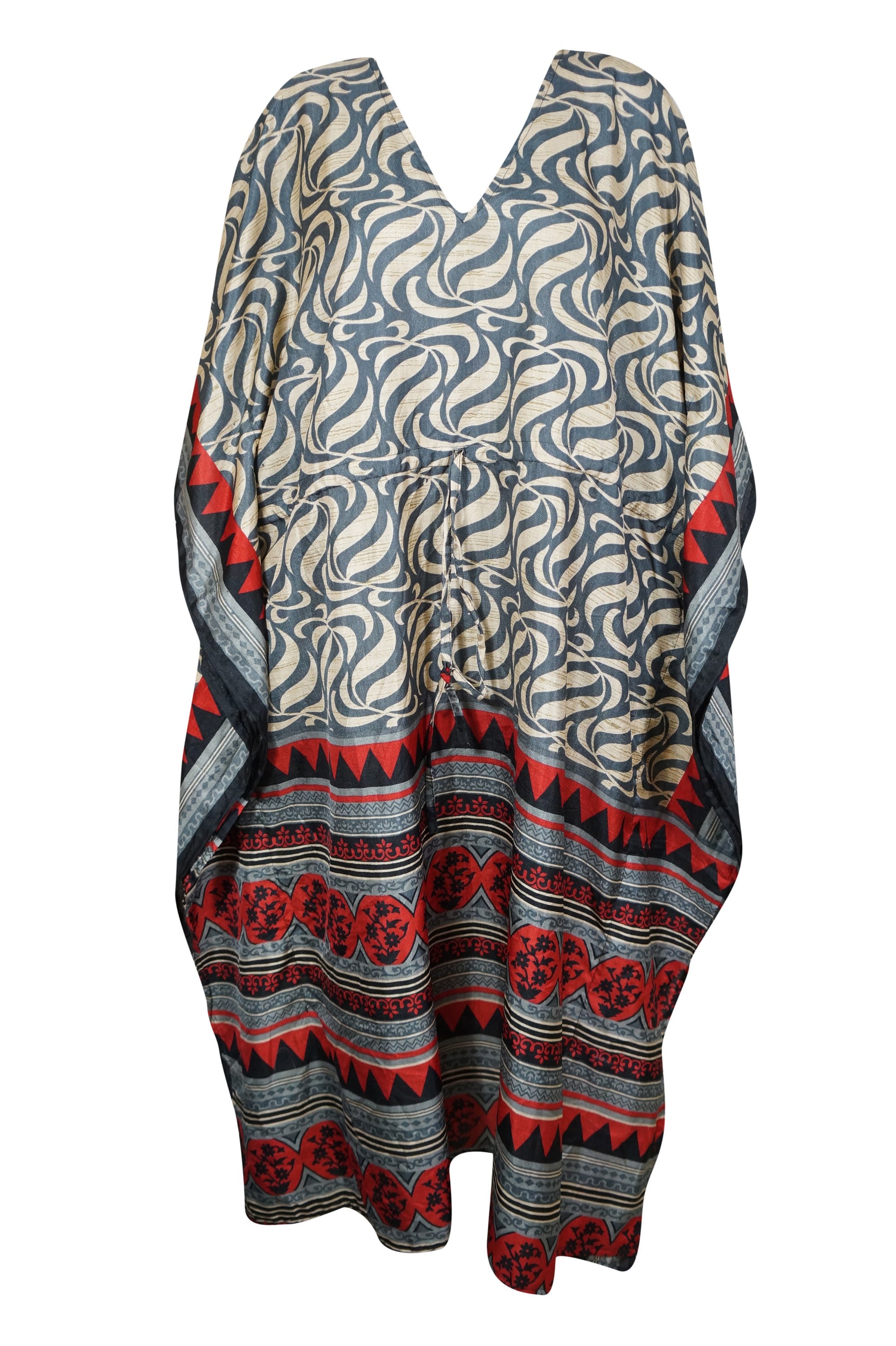 Gray and Beige Printed Maxi Kaftan Dress for Women - Plus Size L to 2XL - Boho Beach Cover Up, Resort Wear & Vacation Outfit - Perfect for Poolside, Summer Travel & Tropical Getaways