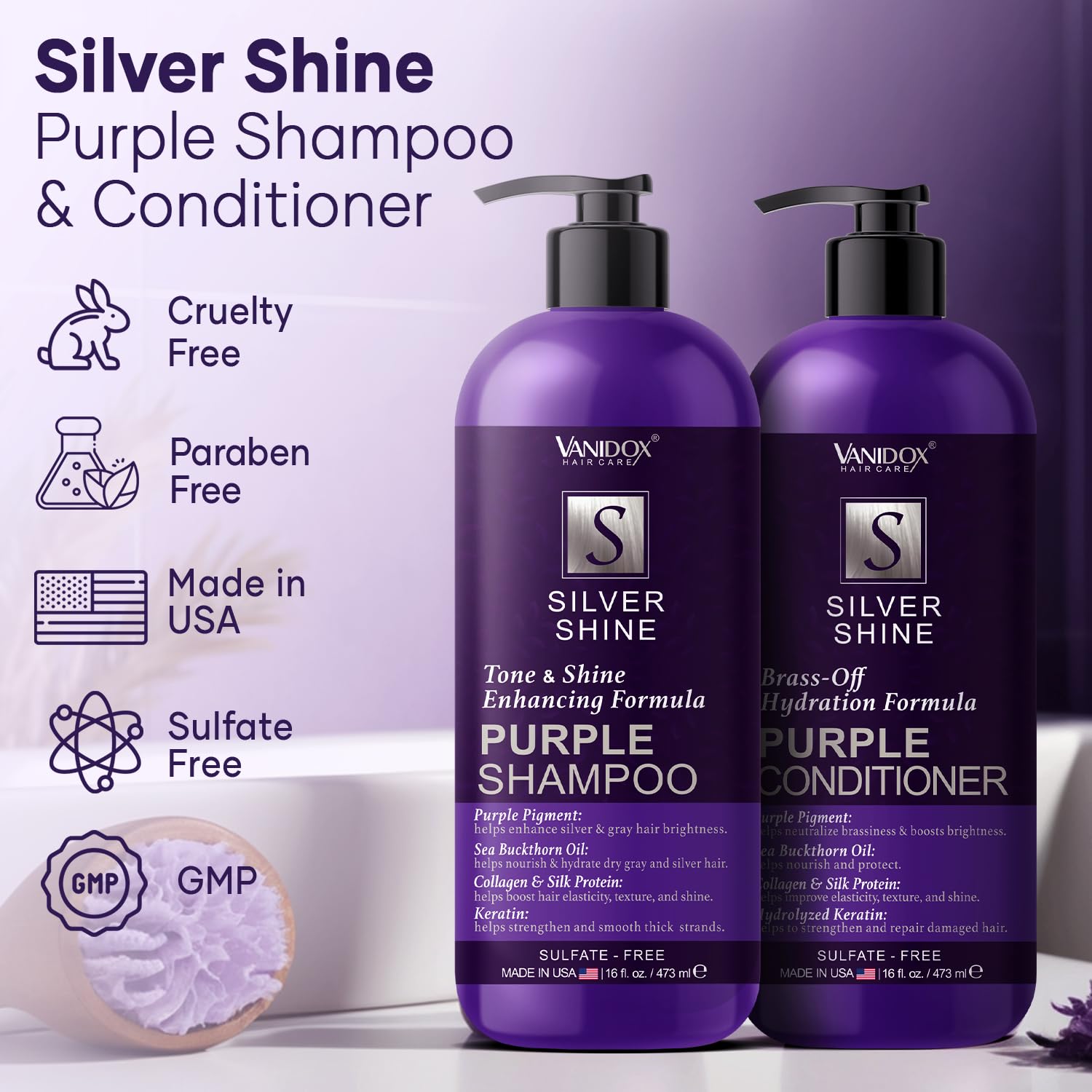 Purple Shampoo & Conditioner Set for Grey & Silver Hair - Sulfate-Free, Brass Toning with Purple Pigment (16oz Each) | Ideal for Color-Treated Hair & Blonde Highlights at Home