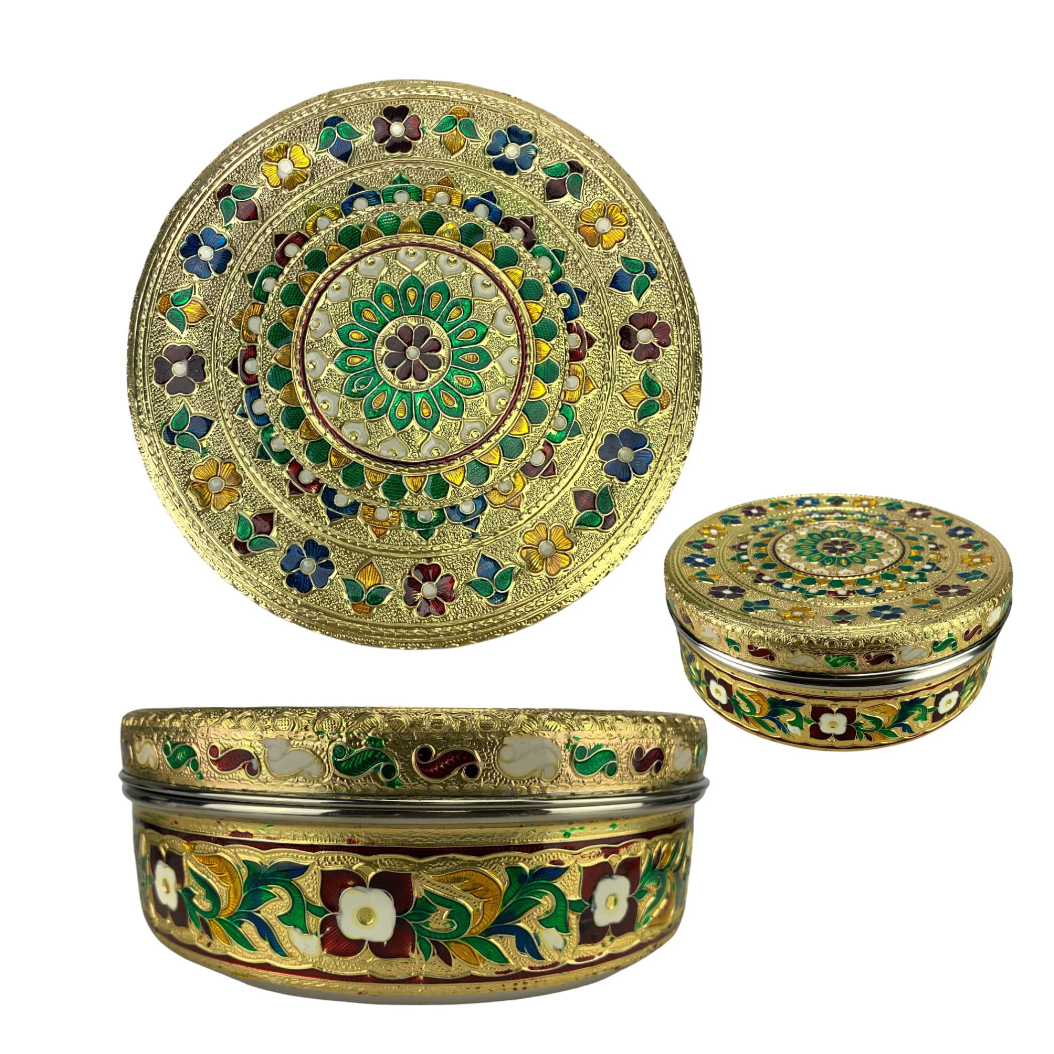 LoveNspire 7.5 Inch Stainless Steel Decorative Roti Papad Box - Meenakari Design Multipurpose Storage Container for Sweets, Spices, Laddus - Unique Gift for Guests - Perfect for Indian Kitchens, Weddings & Festive Celebrations