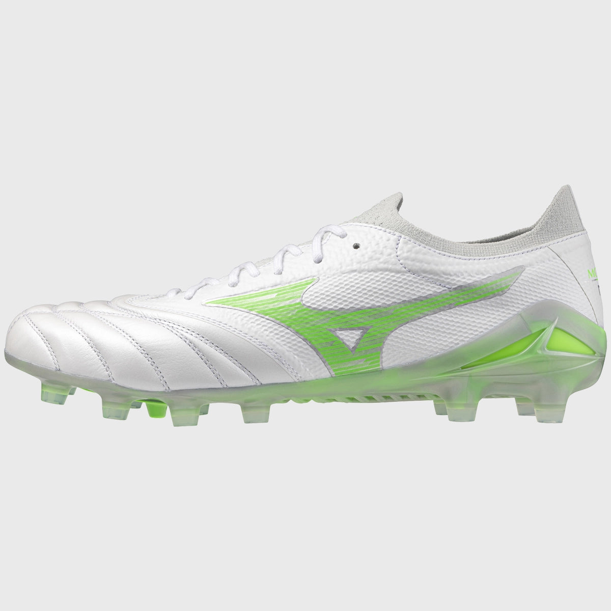 Mizuno Morelia Neo IV Beta Elite MD Rugby Boots - White/Neon Green - Lightweight Soccer Cleats for Firm Ground - Perfect for Rugby Matches & Training Sessions