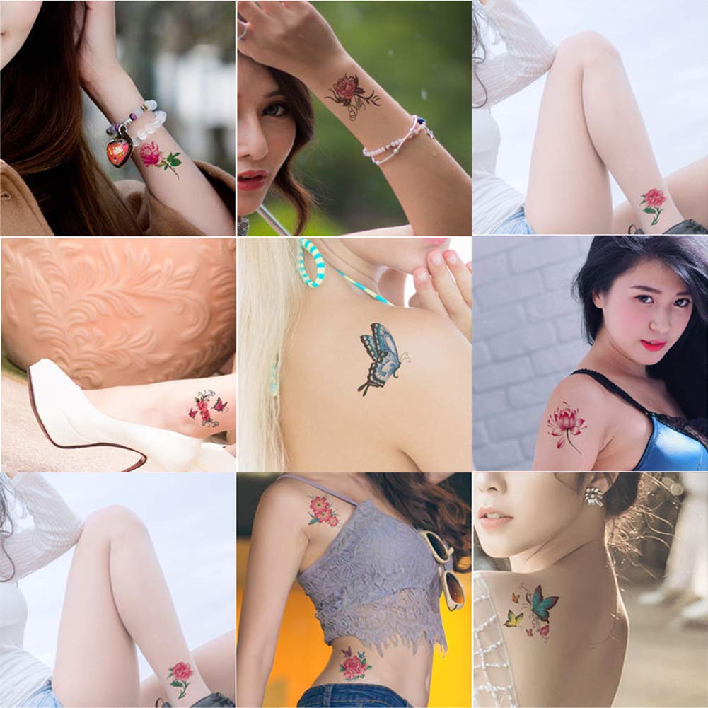 100 Pcs Butterfly Flower Temporary Tattoos - Waterproof Fake Tattoos for Women & Kids - Small Sexy Floral Tattoo Stickers for Girls - Perfect for Parties, Festivals, Beach & Summer Fun