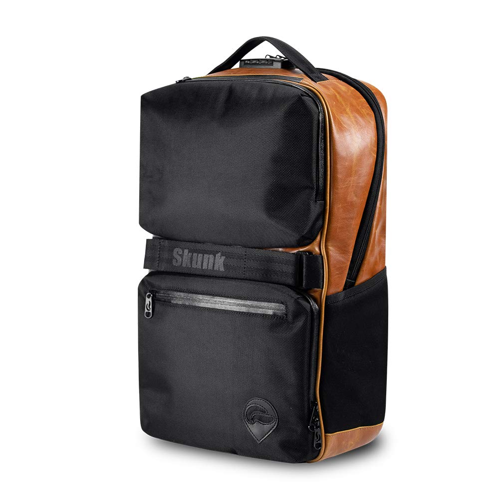 Skunk SoHo Smell Proof & Weather Resistant Backpack with Combination Lock - Black/Brown Leather - Perfect for Travel, Hiking & Discreet Storage