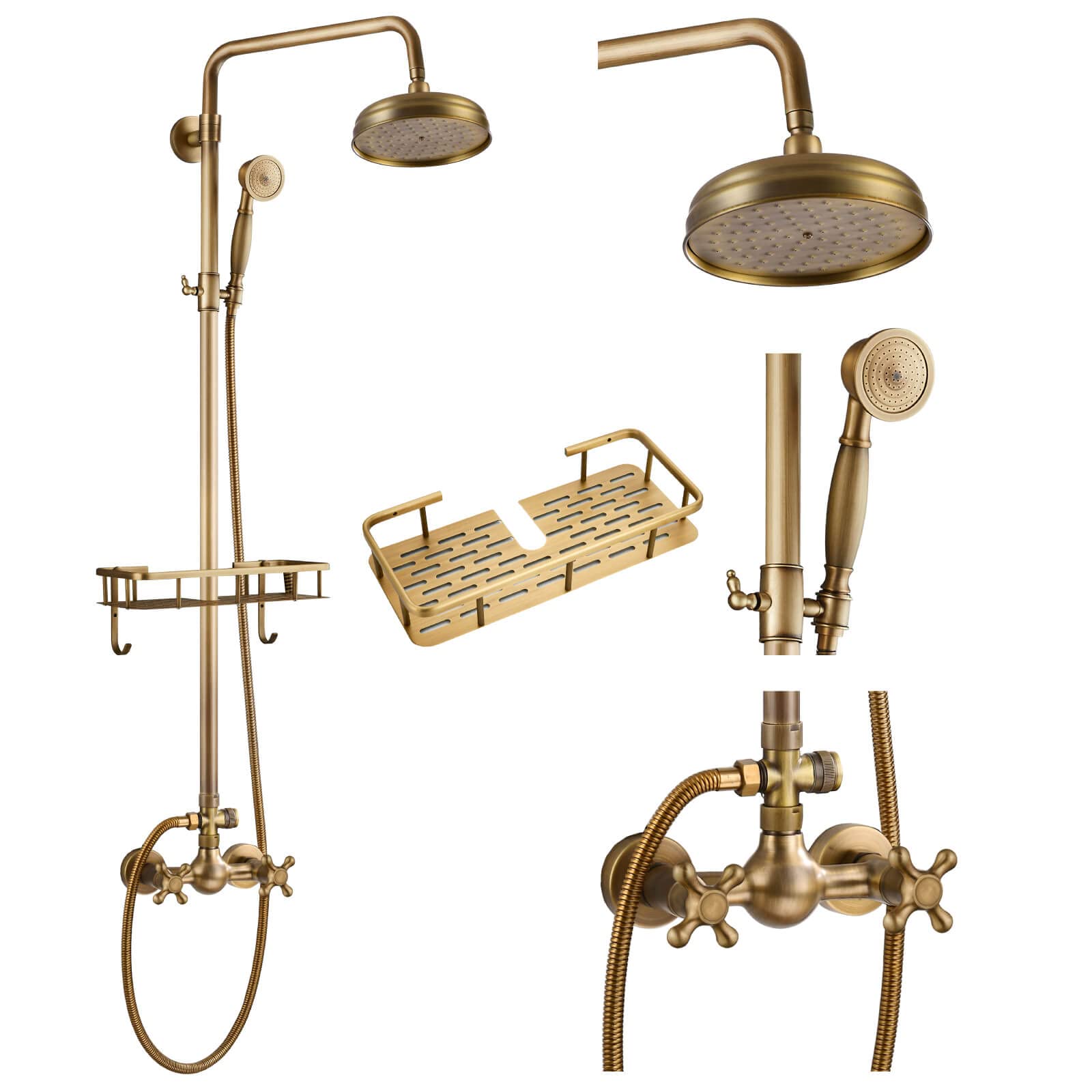 Gotonovo 8 Inch Antique Brass Exposed Bathroom Shower Faucet with Shelf - Wall Mounted Rainfall Shower Head, Dual Cross Handles & Handheld Sprayer - Perfect for Vintage & Modern Bathrooms
