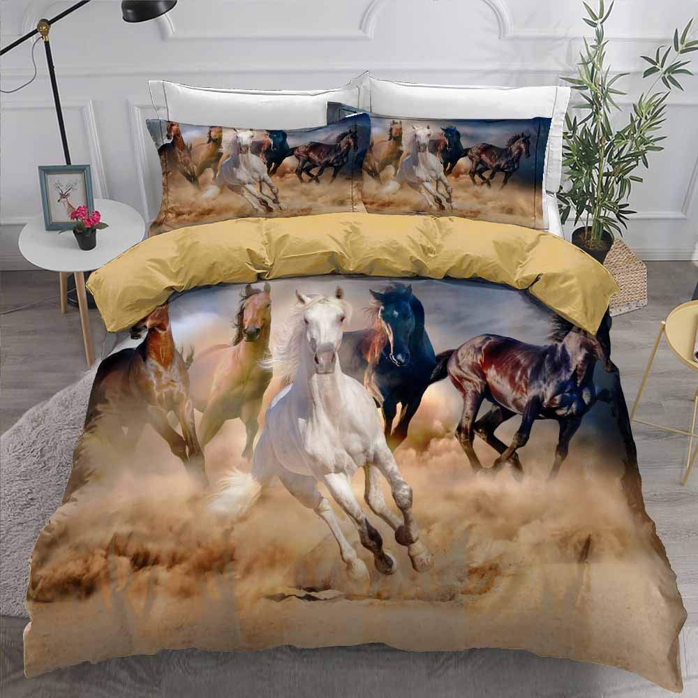 Premium 3D Microfiber Horse Print Bedding Set - Twin/Queen/King Size Duvet Cover with Pillowcases for Boys & Girls | Soft Kids Comforter Cover Set (172x218cm, Gray) | Perfect for Children's Bedroom Decor, Themed Rooms & Gift Giving