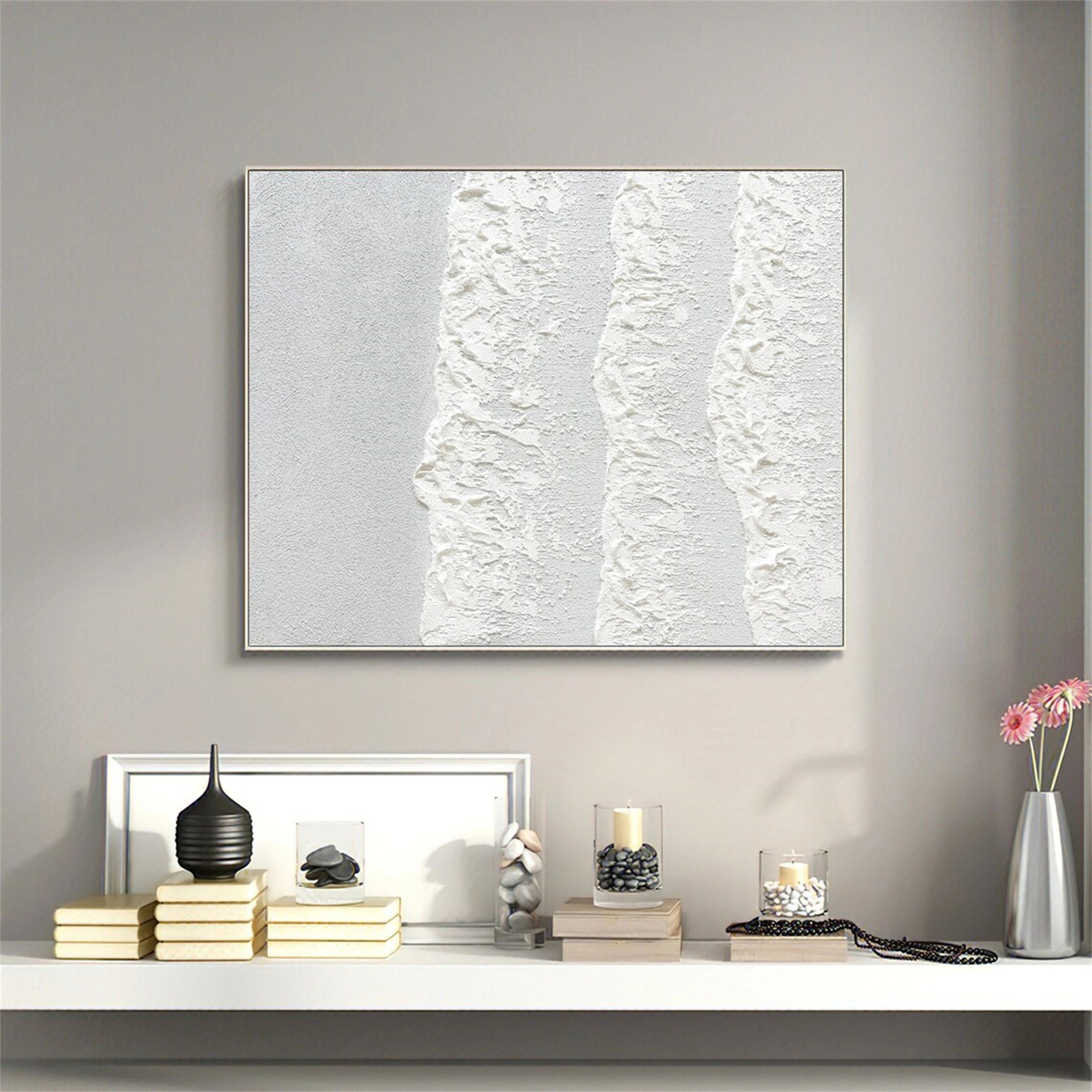 White Minimalist Textured Painting Canvas #MM128 - Modern Abstract Wall Art for Living Room, Bedroom & Office Decor