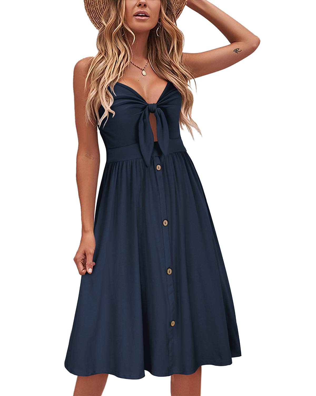 VOTEPRETTY Women's Summer Tie Front Beach Dress - Spaghetti Strap Sundress with Pockets for Vacation, Party & Outdoor Activities | Casual Wear, Beach Cover Up, Date Night Outfit