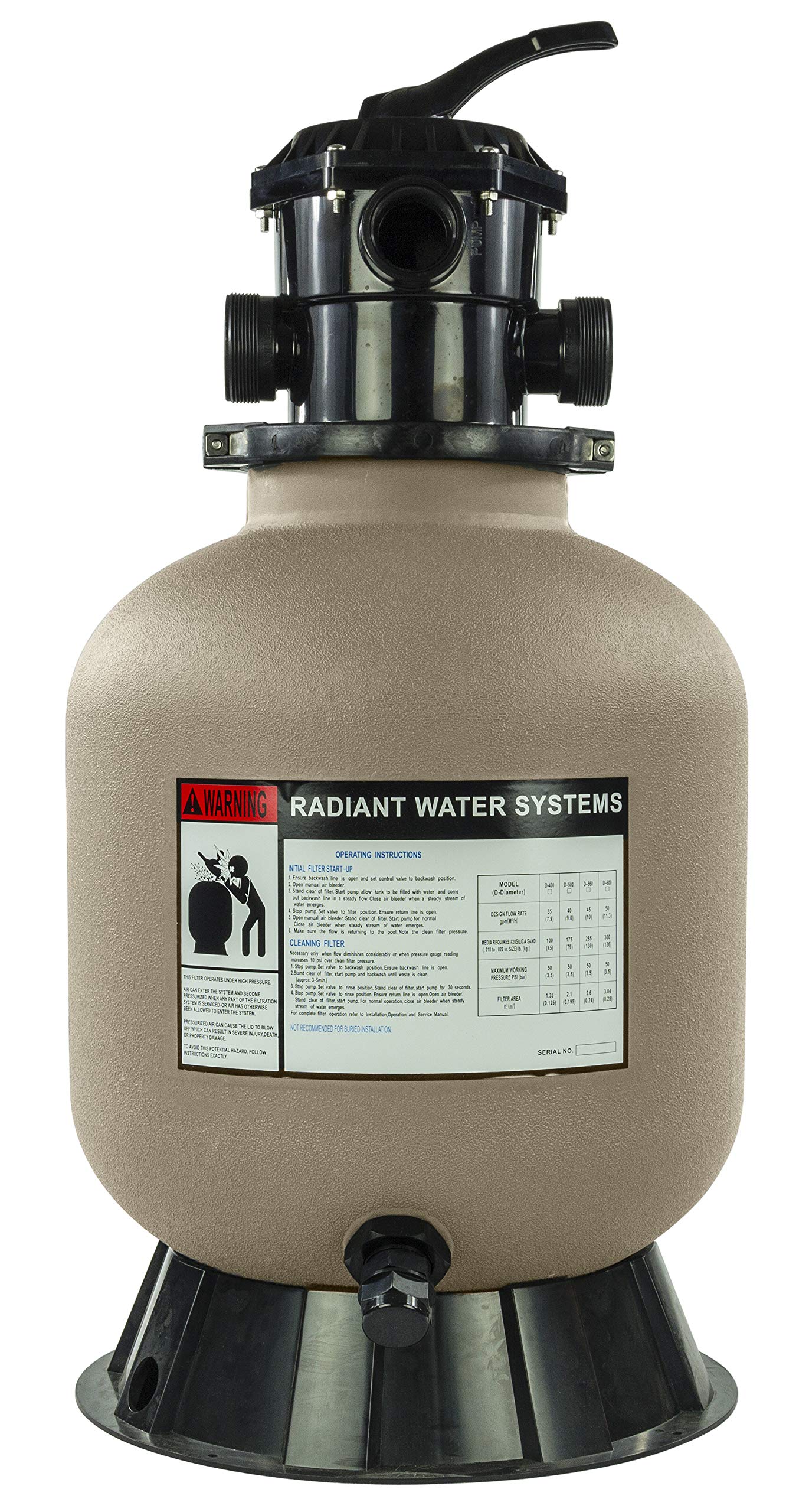 Rx Clear Radiant Sand Filter for Above Ground Pools - 16 Inch Tank, 6-Position Valve, 1.5