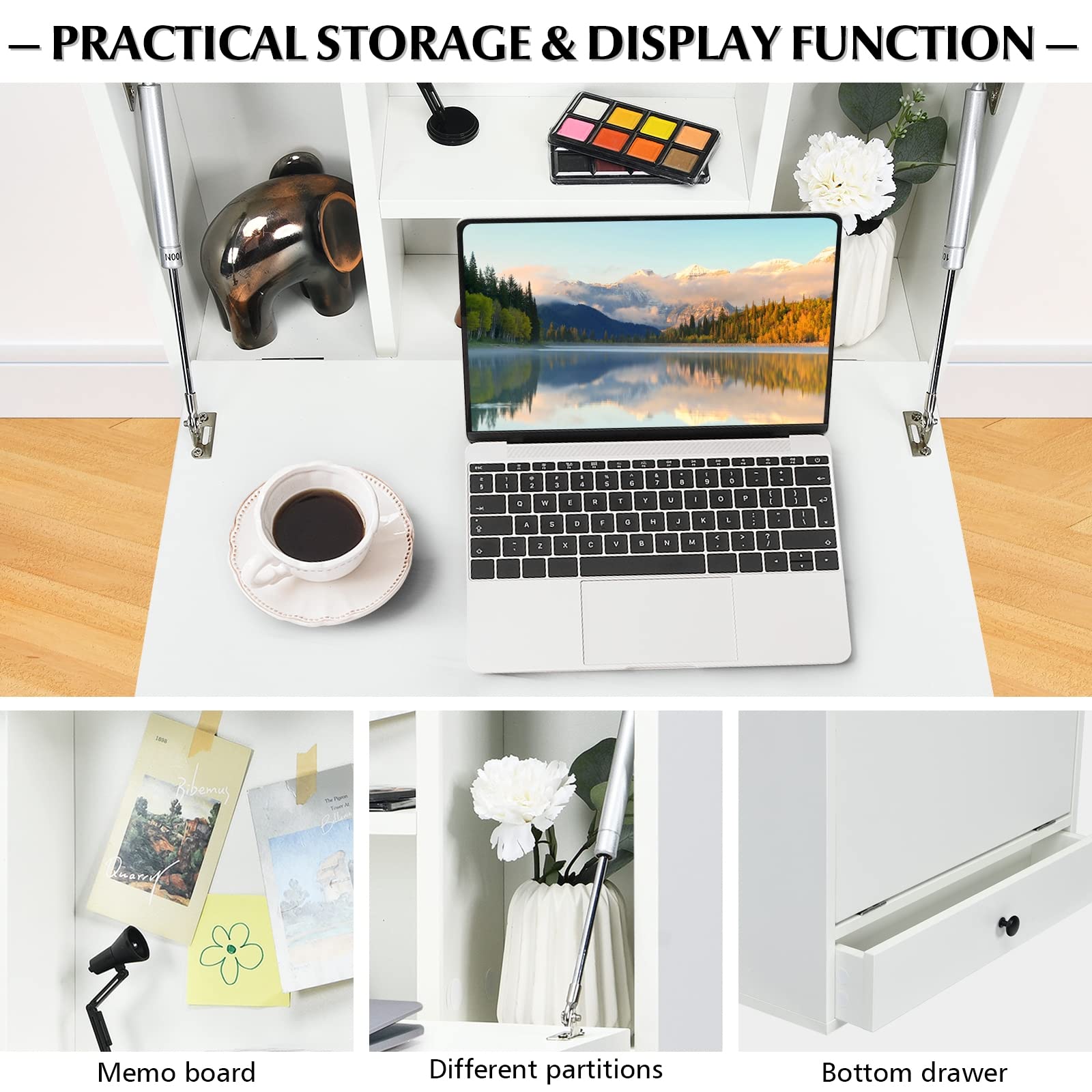 Wall Mounted Floating Desk - Foldable Computer Desk with Storage Shelves & Drawer, Space Saving Wall-Mounted Writing Desk for Small Spaces | Perfect for Home Office, Dorm Room & Studio (White)